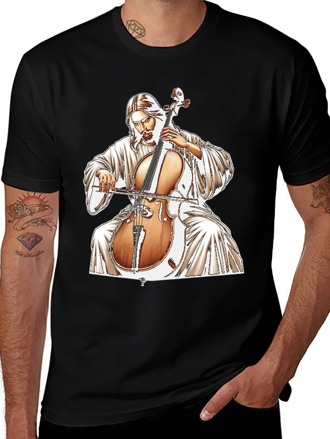Variant 15 of Jesus Playing Cello Black T-Shirt Graphic Tee