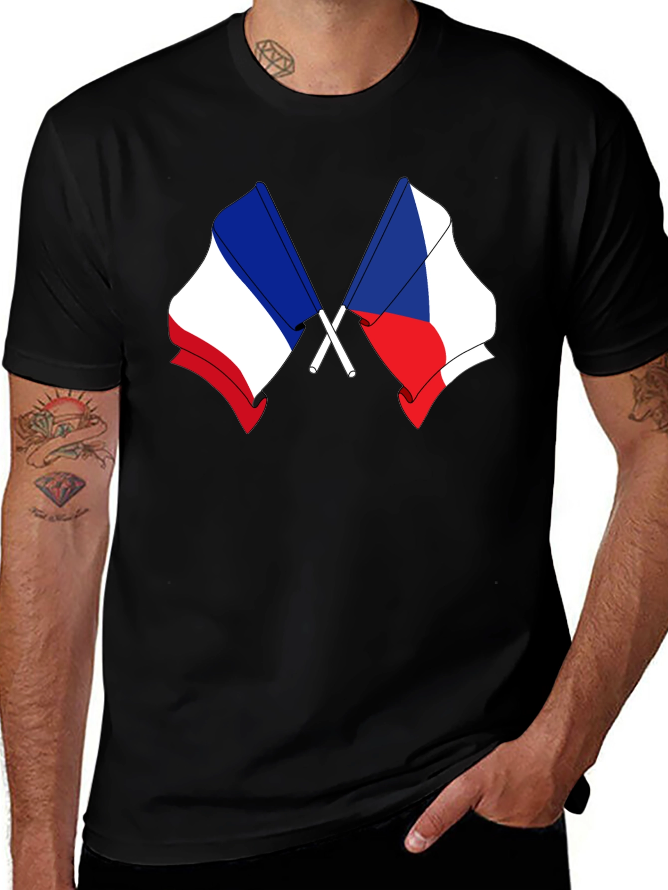 Variant 11 of France & Czech Republic Flags Black T-Shirt