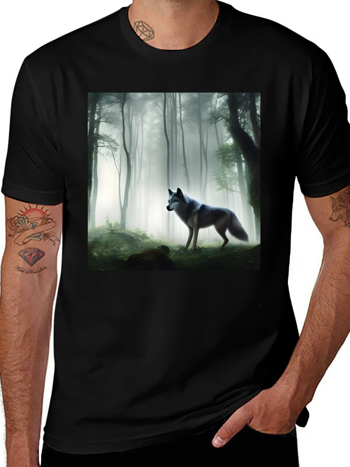 Variant 23 of Wolf in Forest Graphic Tee - Black