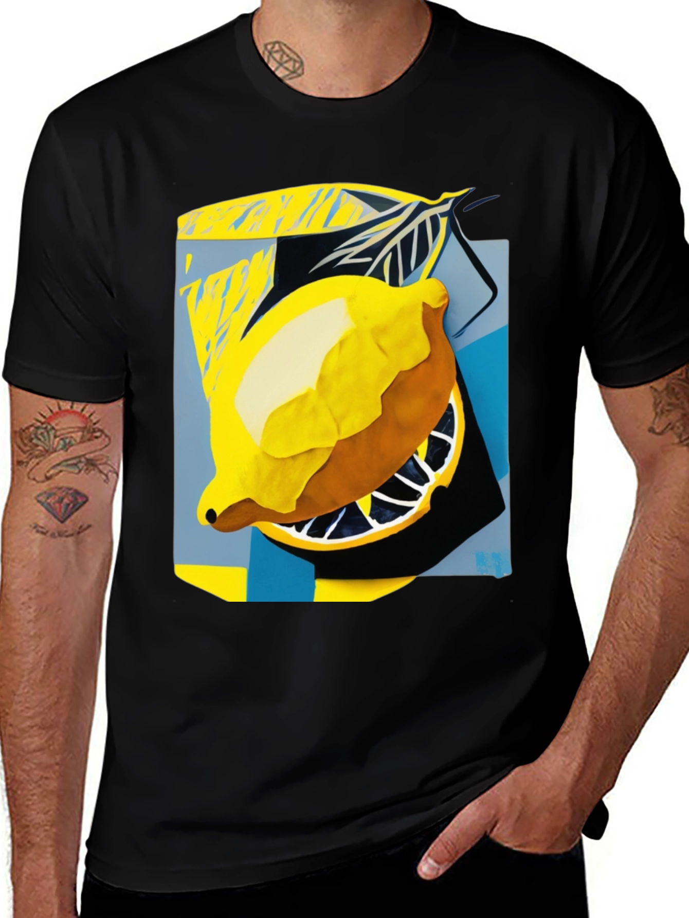 Variant 5 of Modern Lemon Print Black T-Shirt