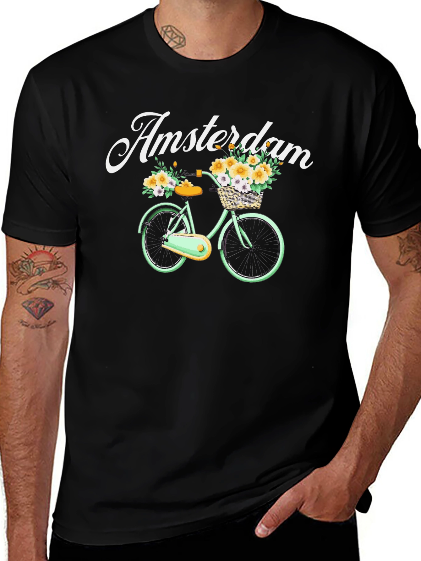 Variant 3 of Amsterdam Bicycle Graphic Tee - Floral Basket Design