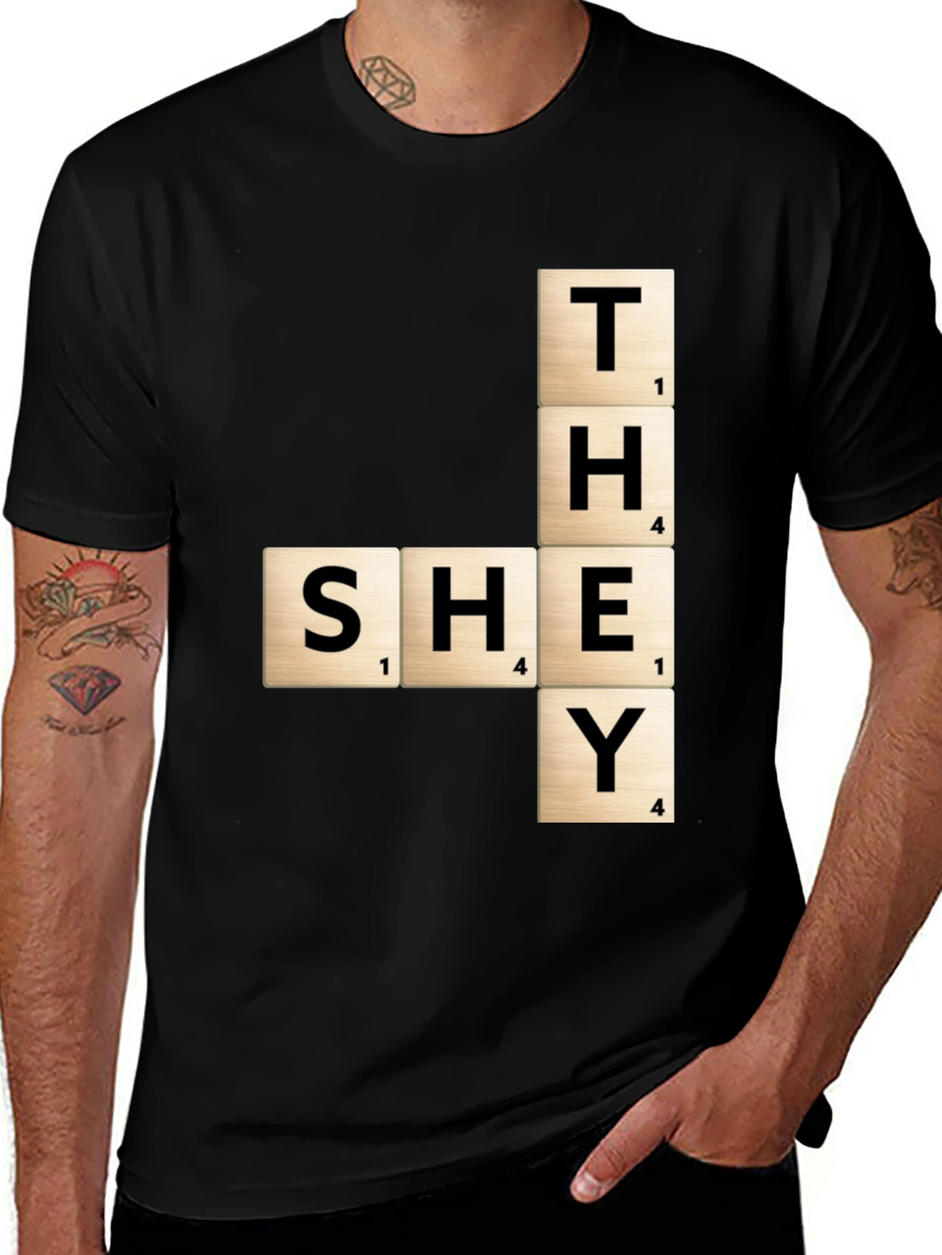 Variant 25 of Pronoun Scrabble T-Shirt - They She He Y