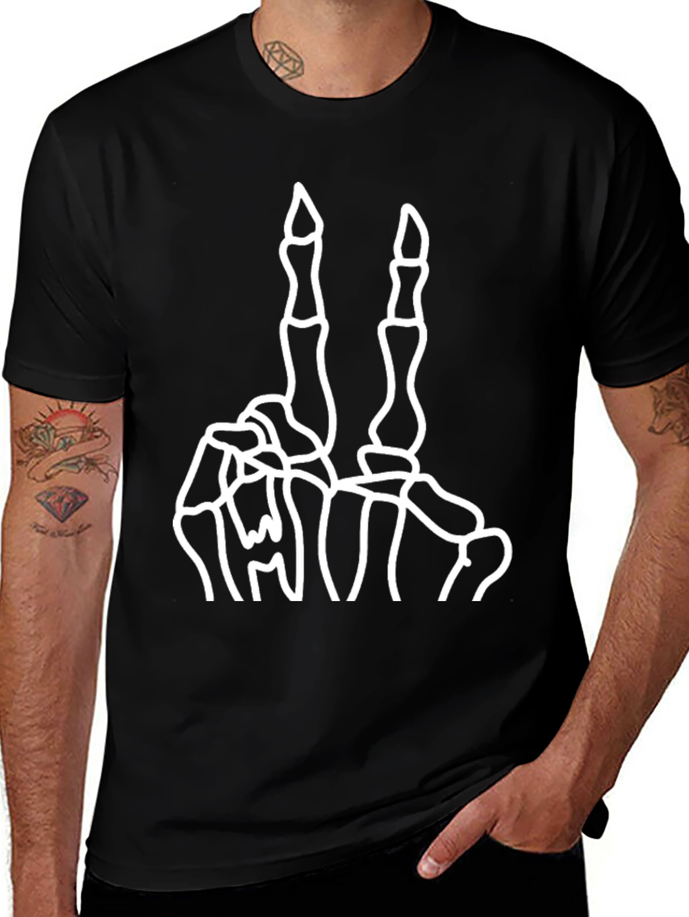 Variant 29 of Skeleton Hand Peace Sign Black Graphic Tee