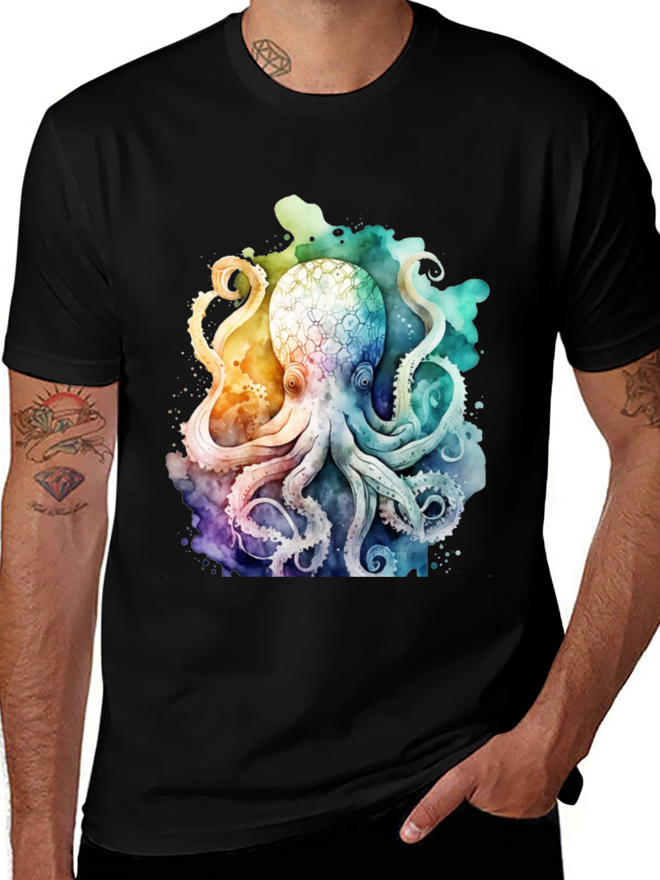 Variant 30 of Watercolor Octopus Graphic Tee - Coastal Style