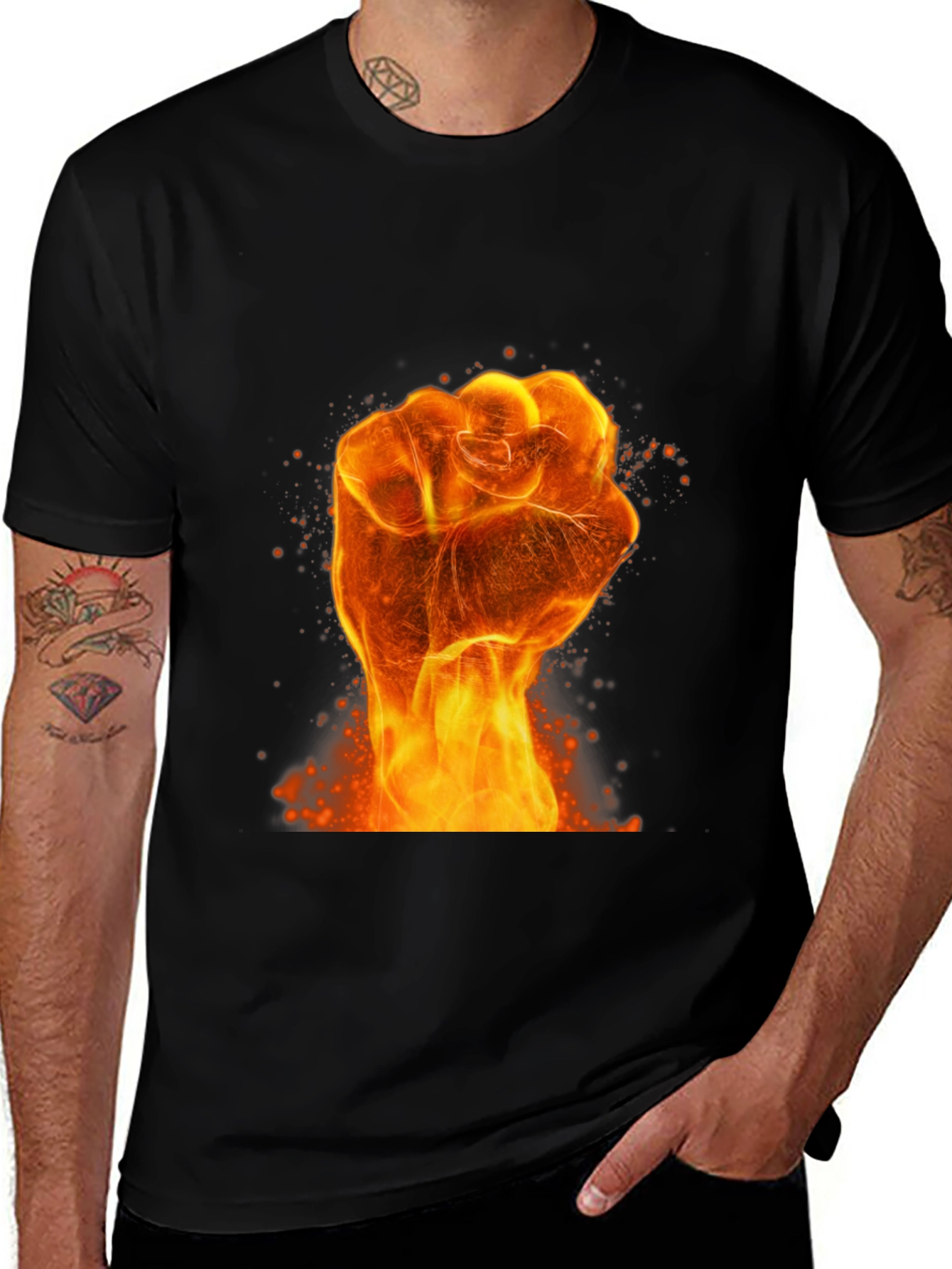 Black Fiery Fist Graphic Print Black T-Shirt main image