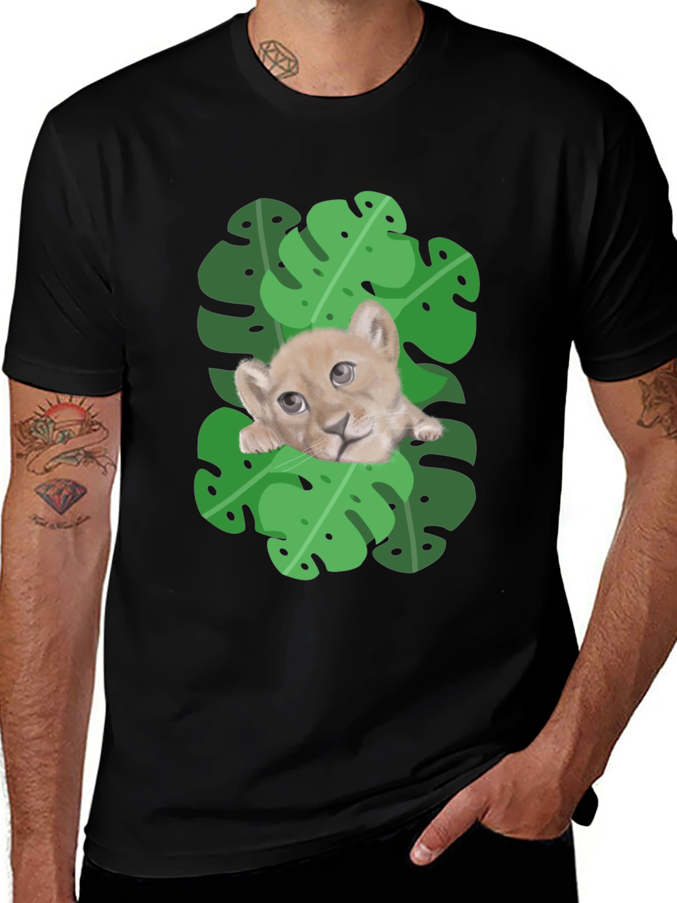 Variant 28 of Lion Cub in Leaves Graphic T-Shirt - Black