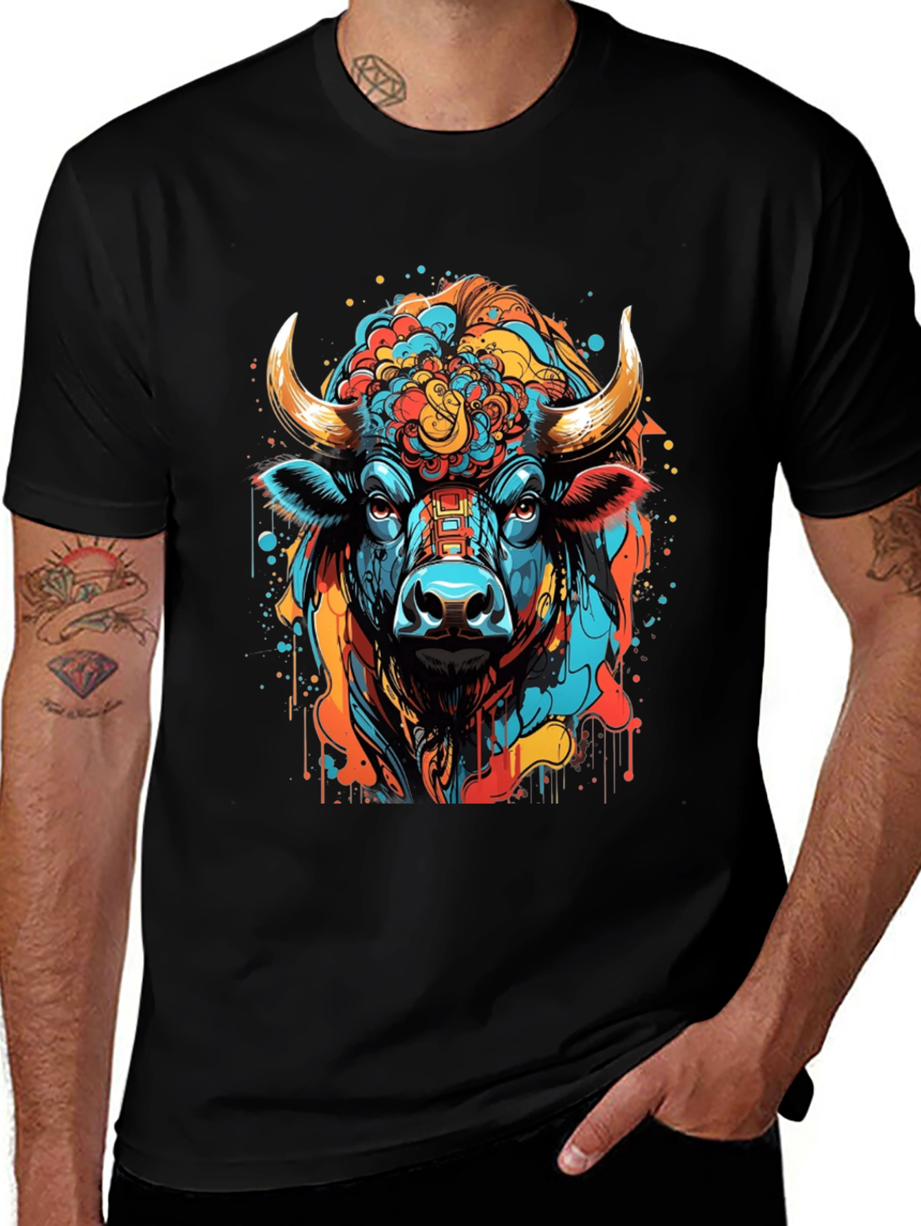 Variant 9 of Vibrant Bull Graphic Tee - Stylish Men's Black T-Shirt