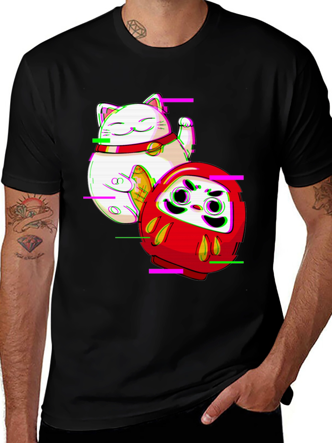 Variant 5 of Lucky Cat & Daruma Glitch T-Shirt