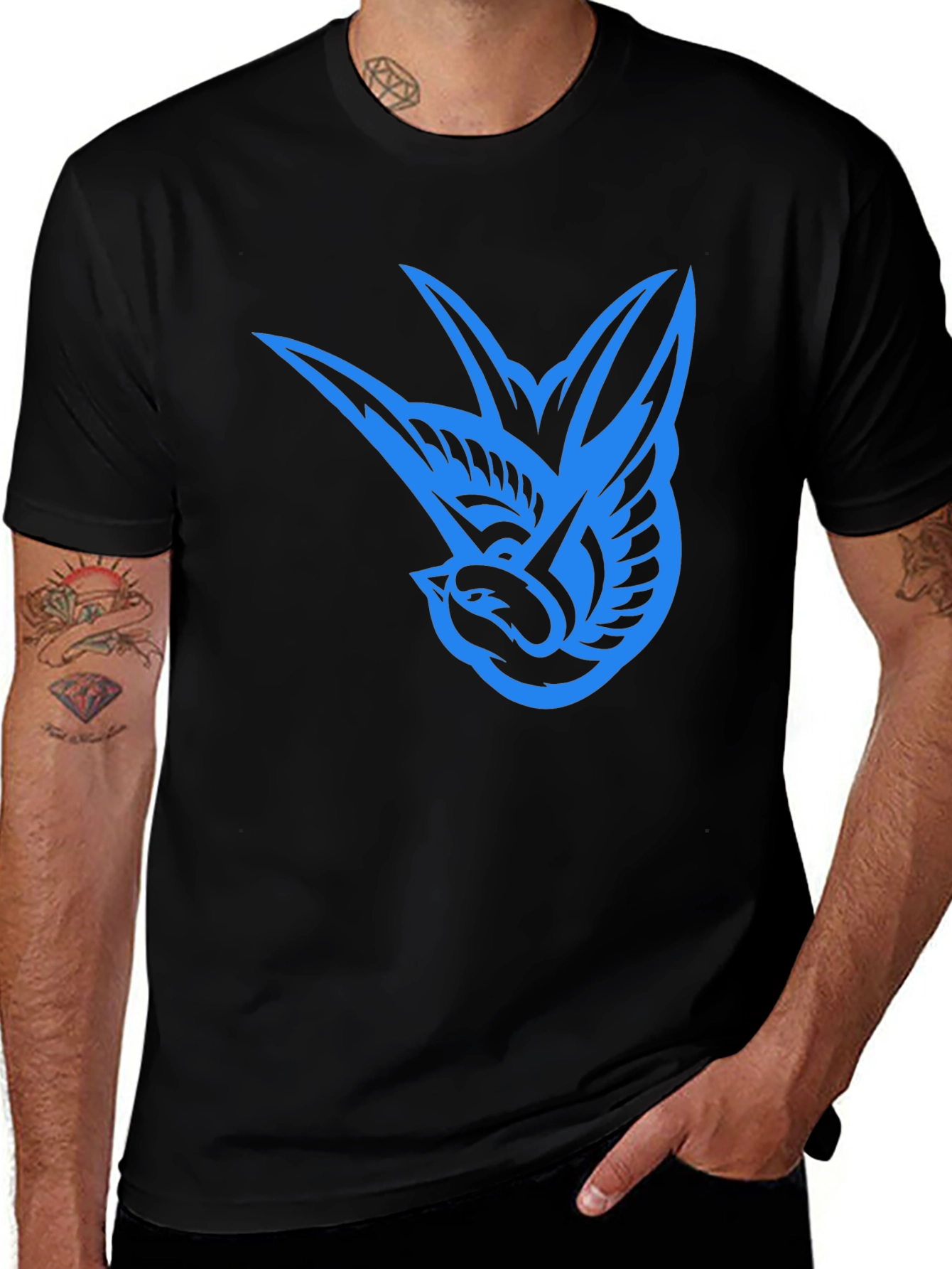 Variant 23 of Blue Swallow Graphic Black T-Shirt