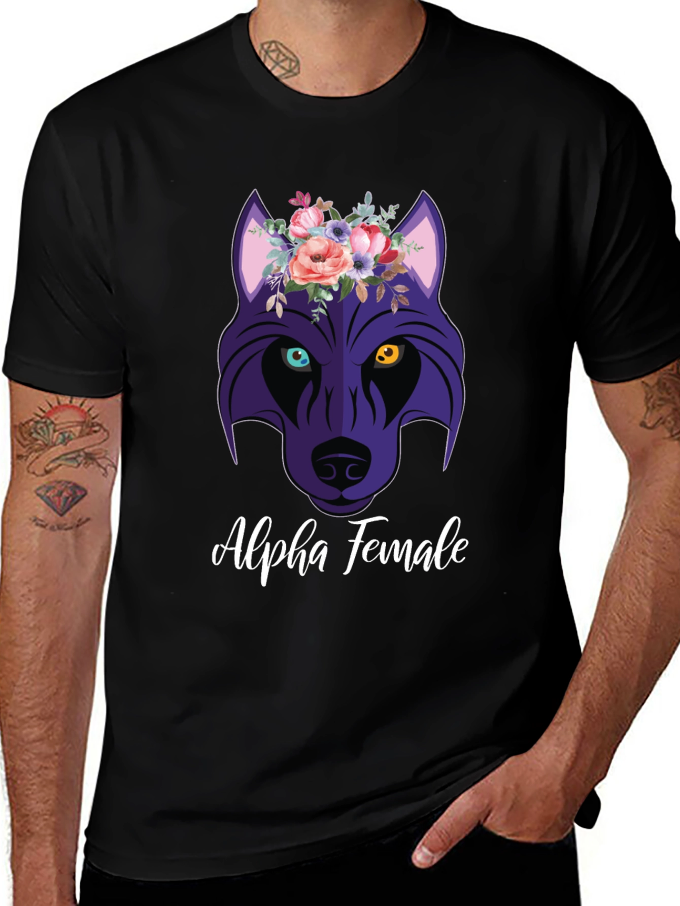 Alpha Female Wolf Flower Graphic T-Shirt