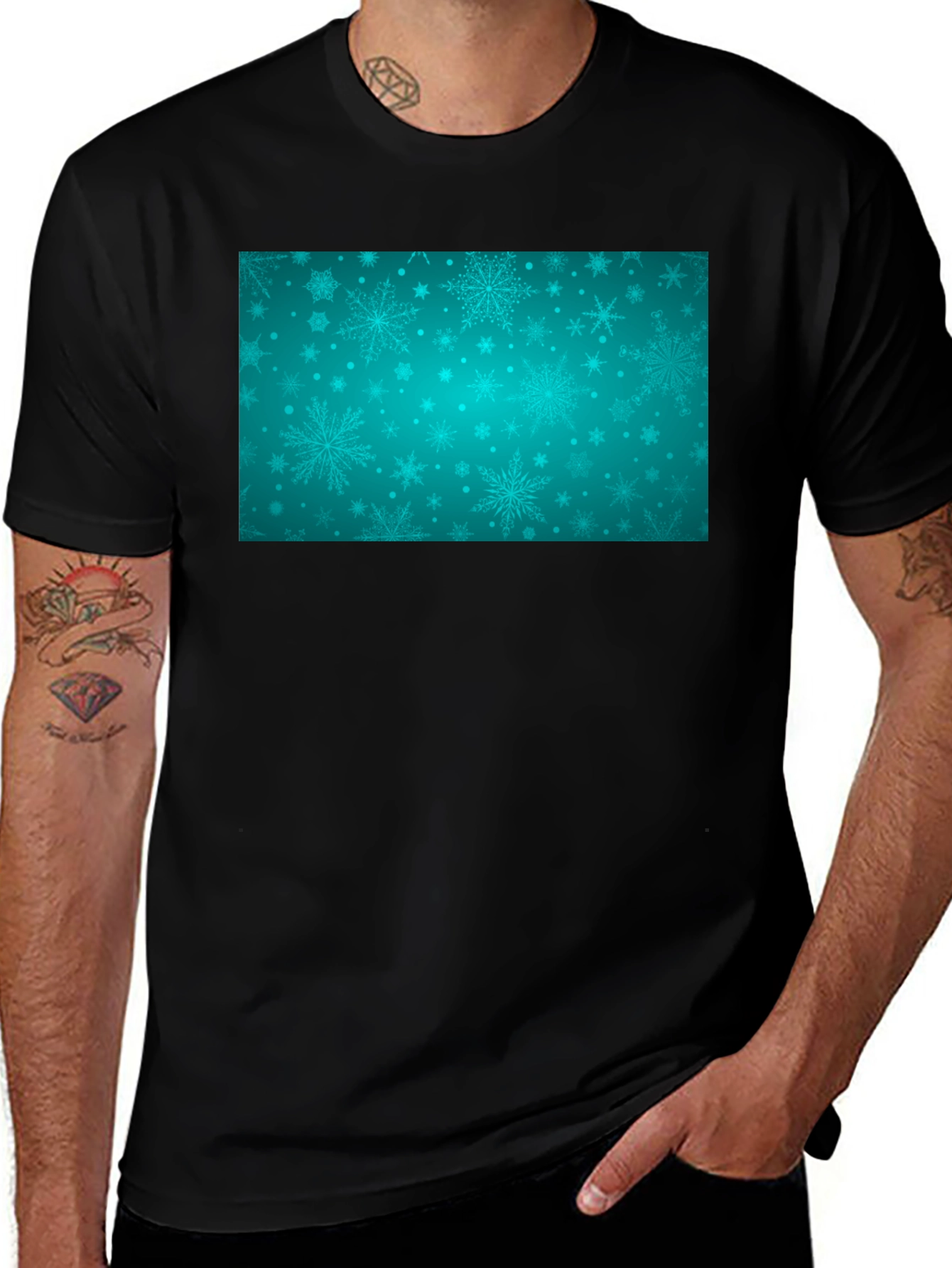 Variant 10 of Teal Snowflake Pattern Black T-Shirt