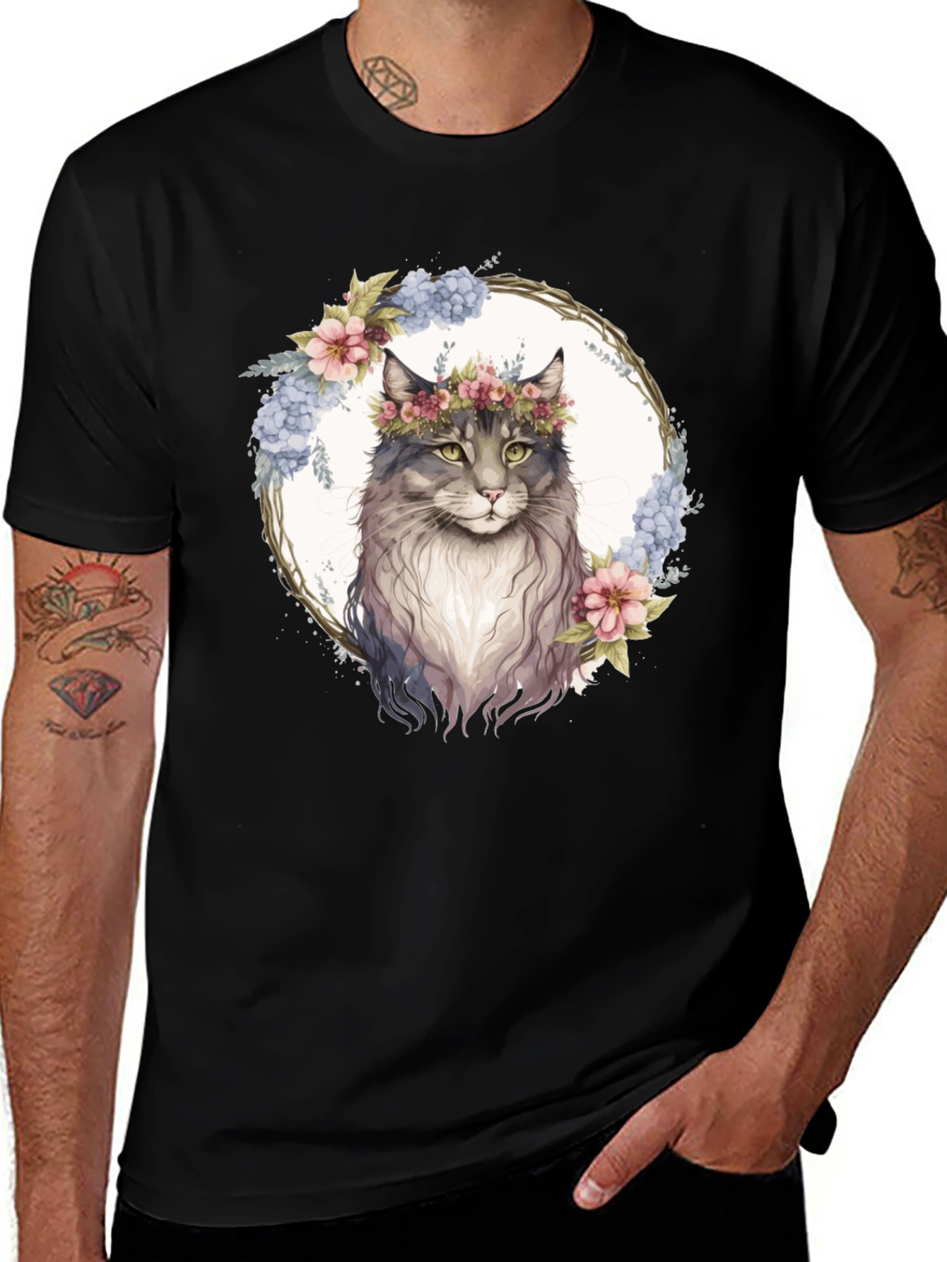 Variant 26 of Floral Cat Graphic Black T-Shirt