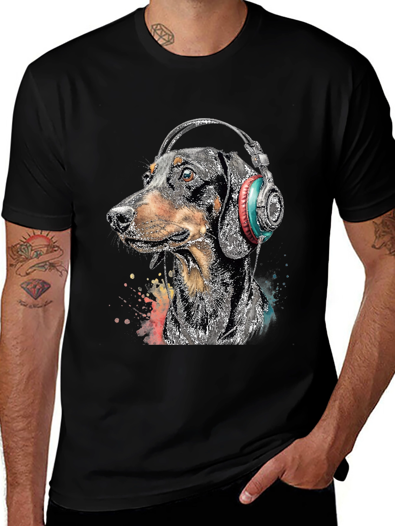 Variant 8 of Dachshund DJ Tee - Dog with Headphones Black T-Shirt