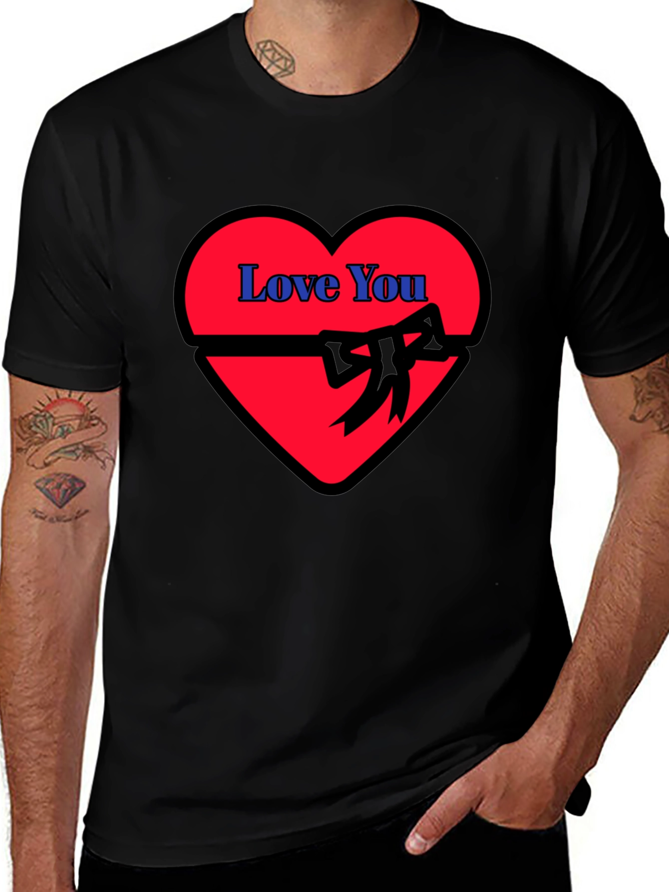Variant 10 of Love You Heart Ribbon Graphic Black T-Shirt