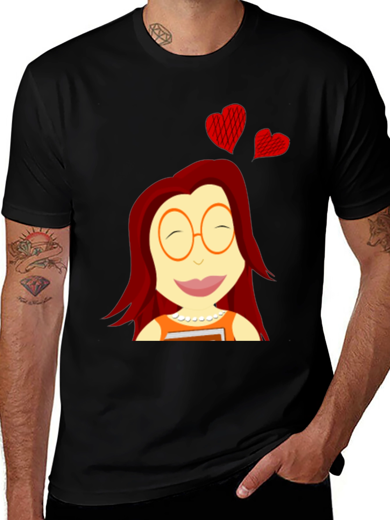 Variant 19 of Cartoon Girl with Hearts Black T-Shirt