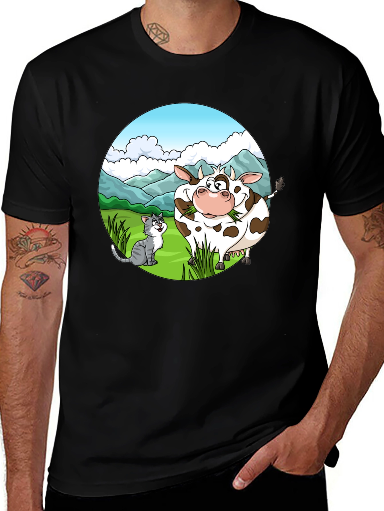 Variant 9 of Cartoon Cow and Cat Graphic Black T-Shirt