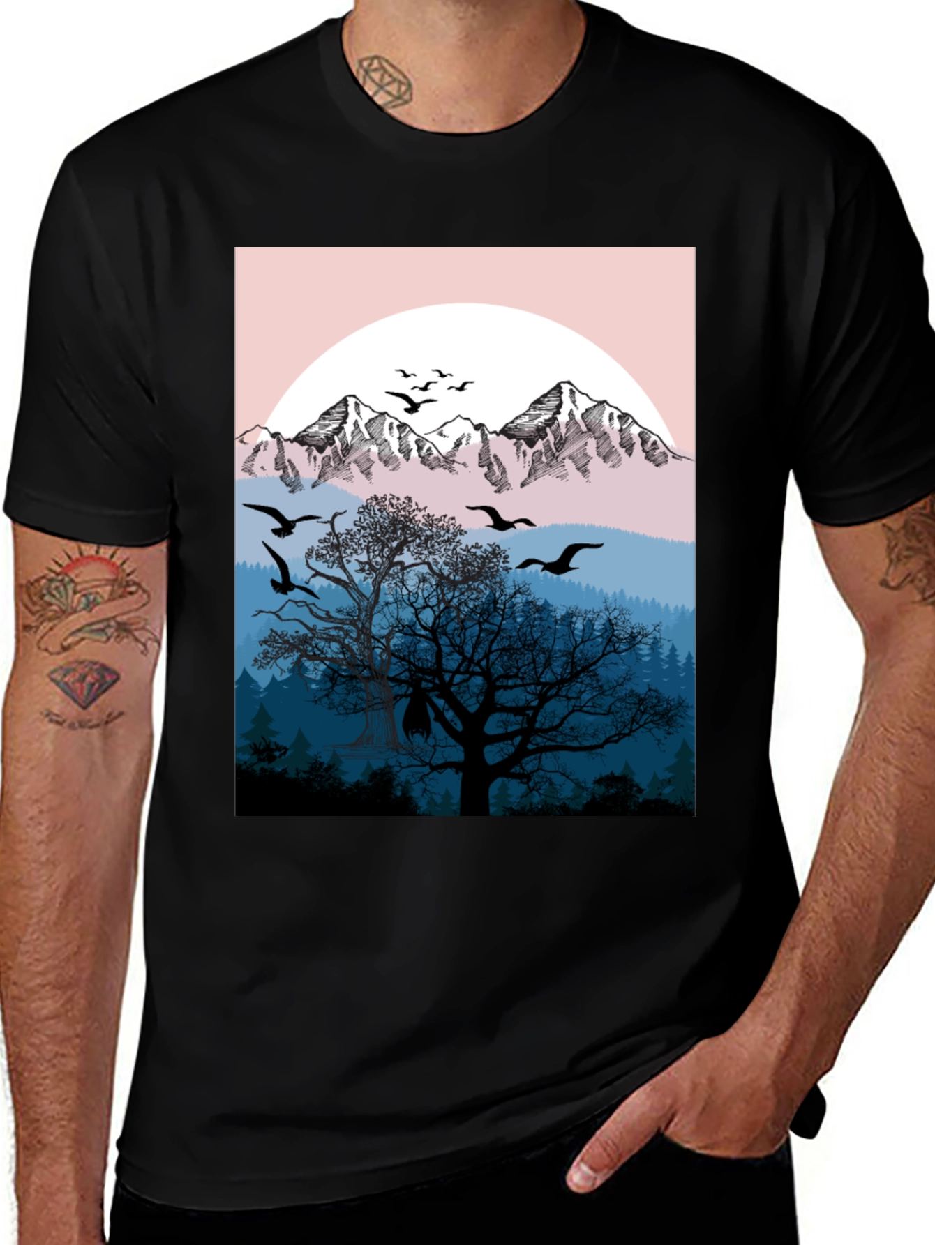 Variant 19 of Mountain & Birds Graphic Black T-Shirt