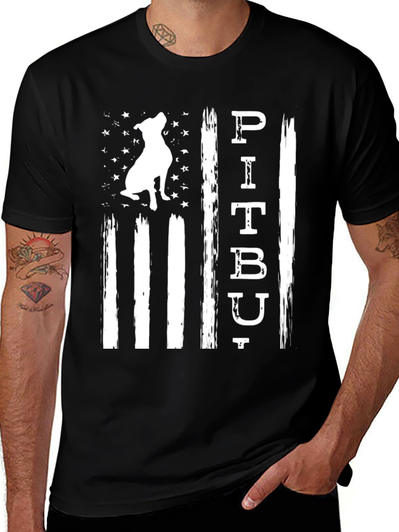 Variant 23 of Pitbull Dog American Flag Black T-Shirt