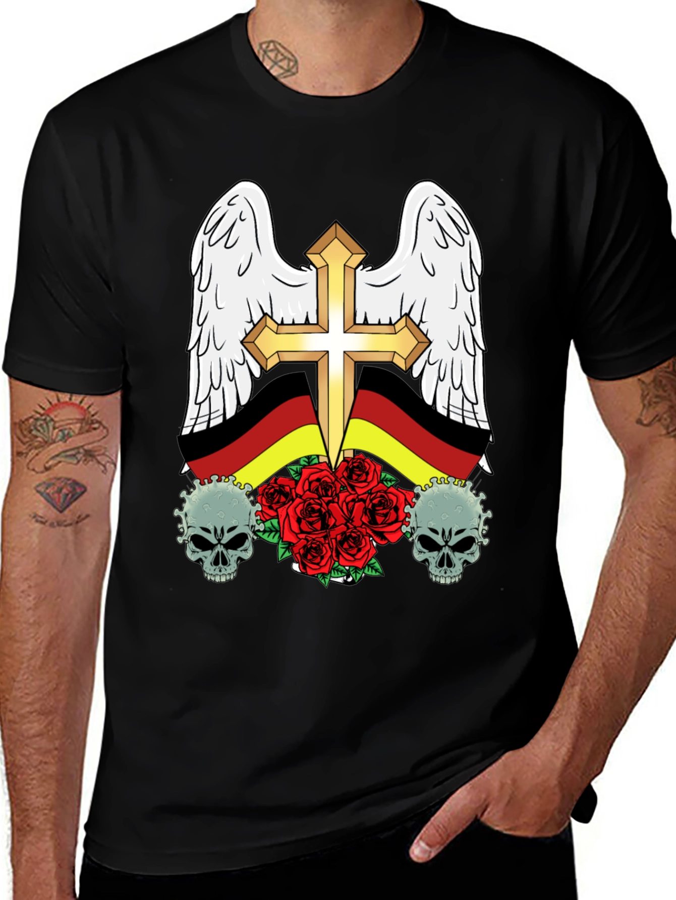 Variant 25 of Edgy German Flag Wings Cross Rose Skull T-Shirt