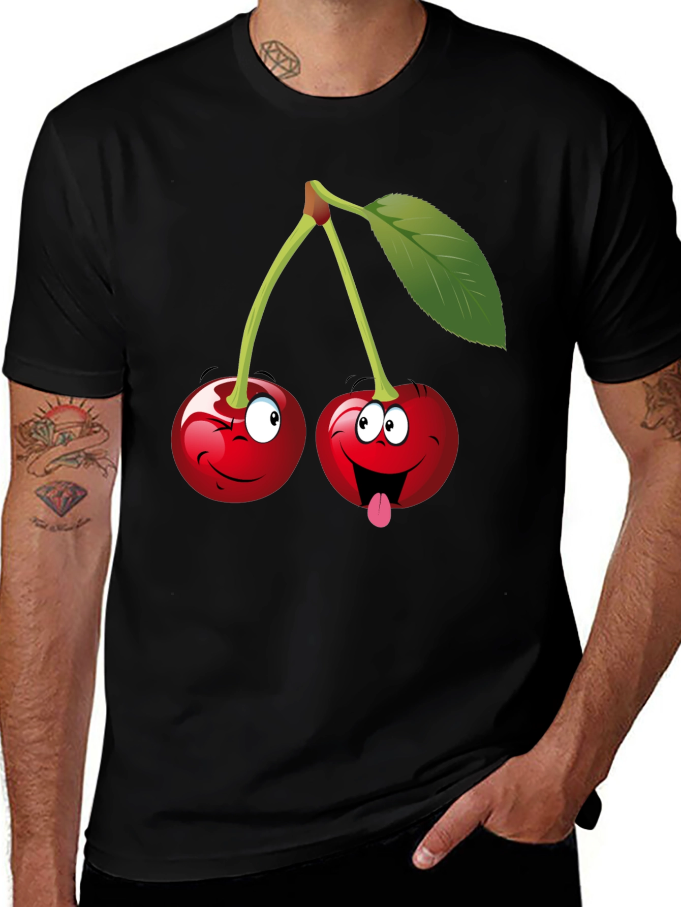 Funny Cartoon Cherry Graphic Tee - Black Cotton T-Shirt