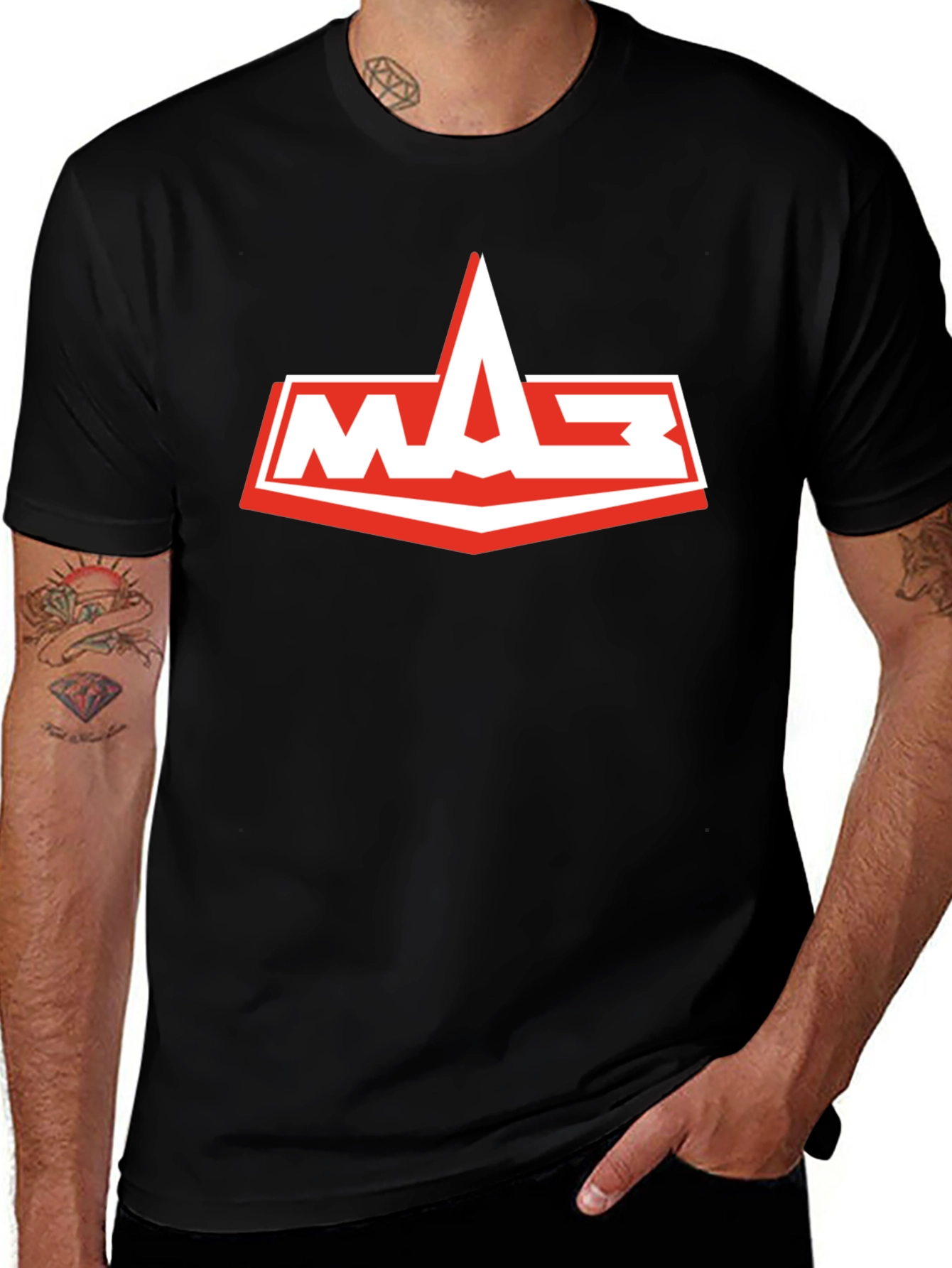 Variant 10 of Men's Black T-Shirt with White and Red Logo