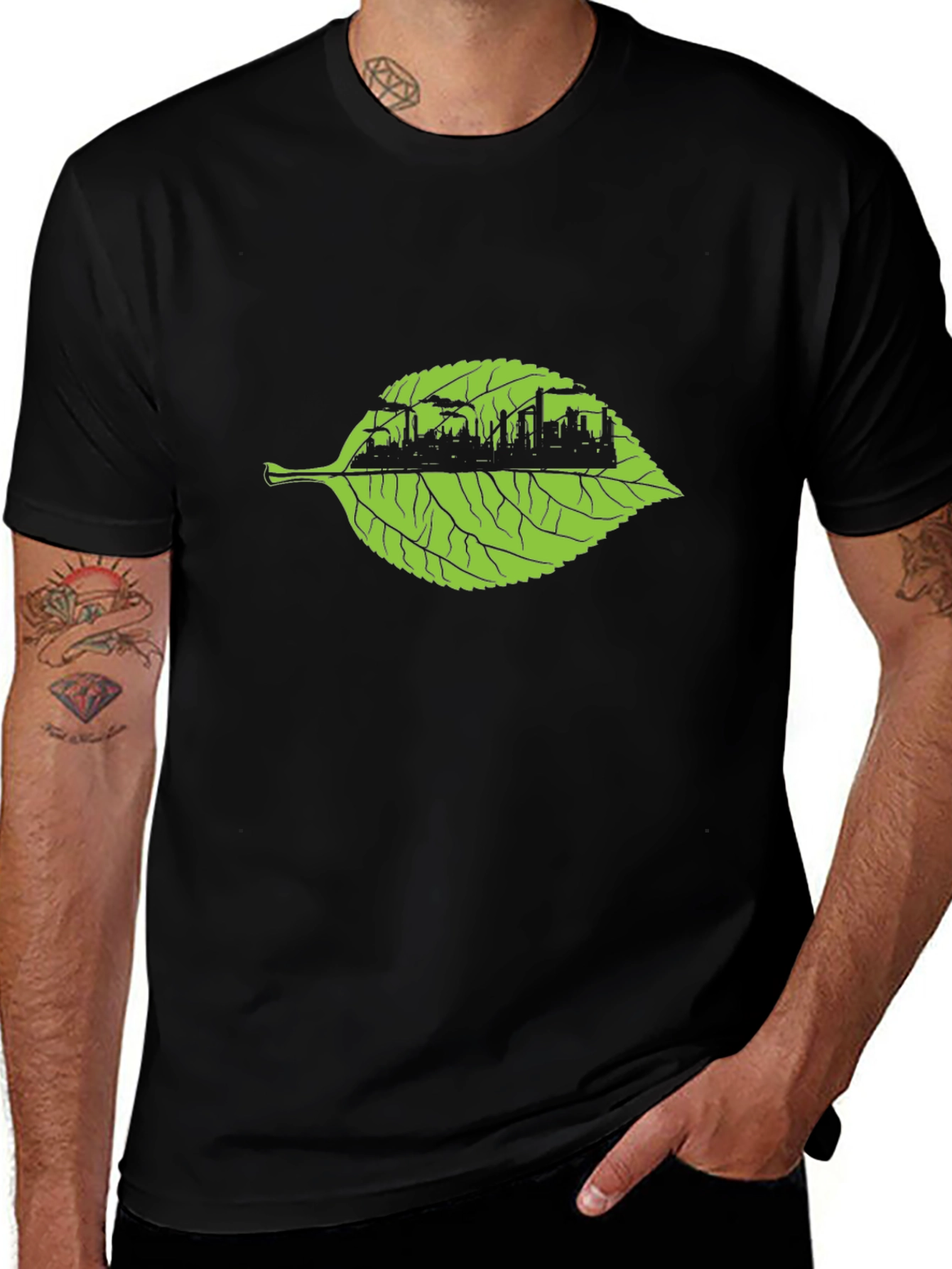 Variant 19 of Eco-City Leaf Graphic Tee - Black Cotton Blend