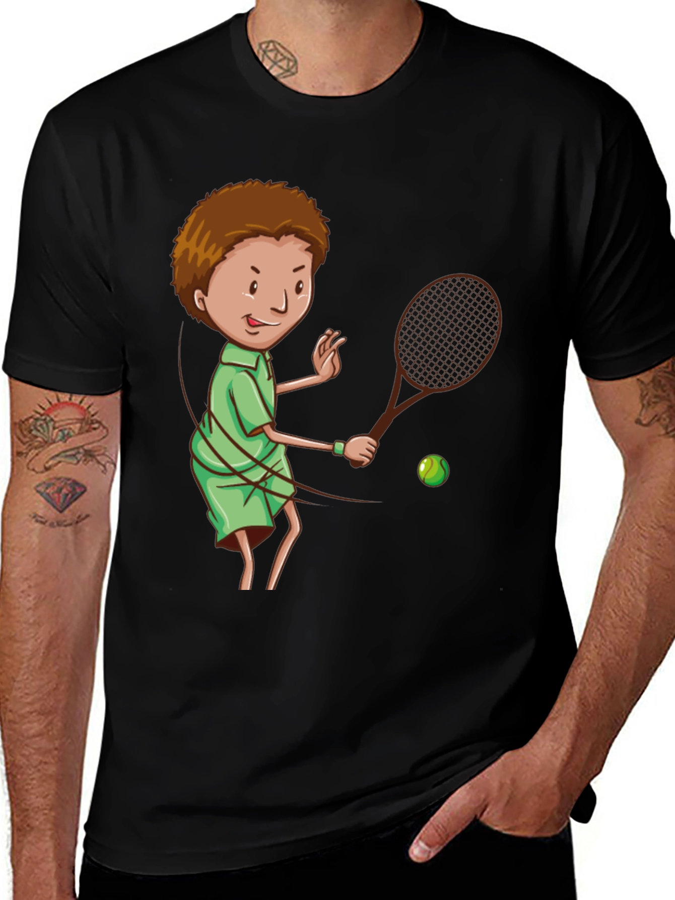 Variant 25 of Tennis Player Cartoon Graphic Black T-Shirt