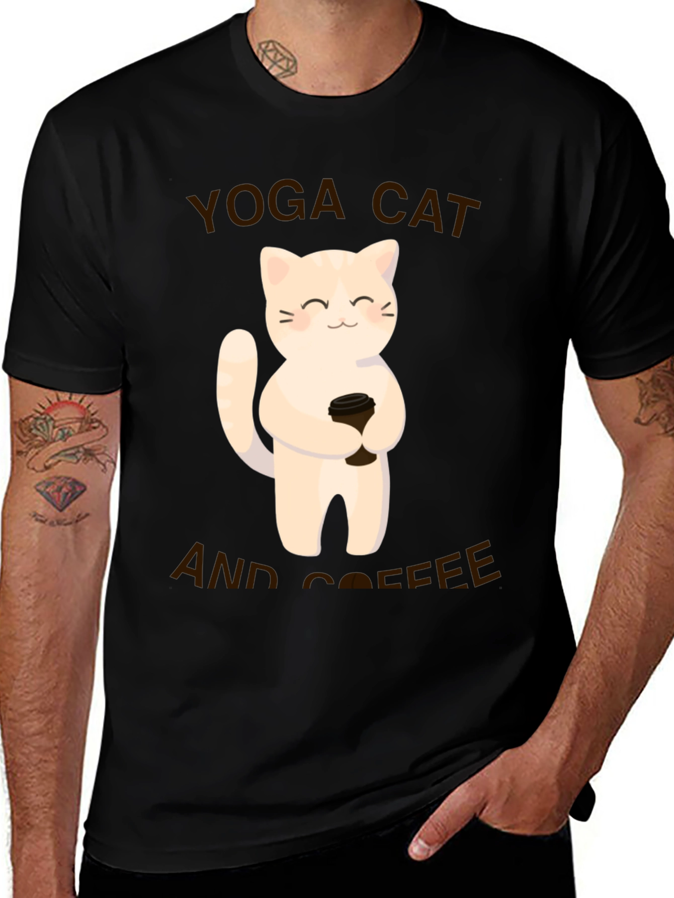 Variant 3 of Yoga Cat & Coffee Graphic T-Shirt - Black Casual Tee