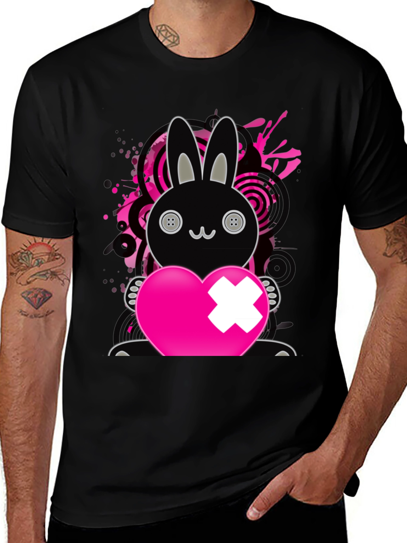 Emo Bunny Heart T-Shirt - Black