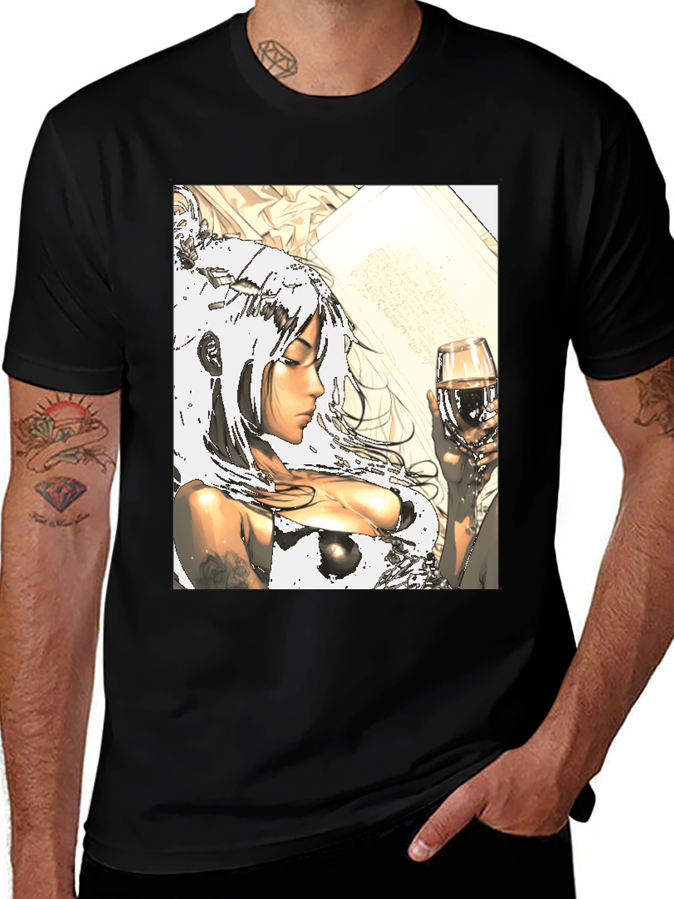 Anime Girl Wine Black T-Shirt