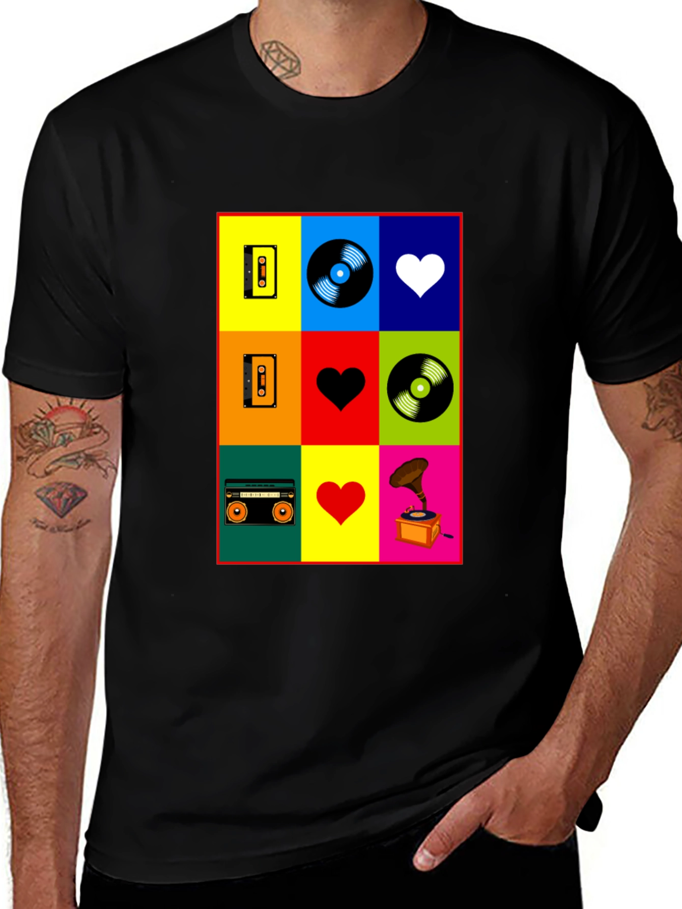 Retro Music T-Shirt: Cassette, Record, Heart Design