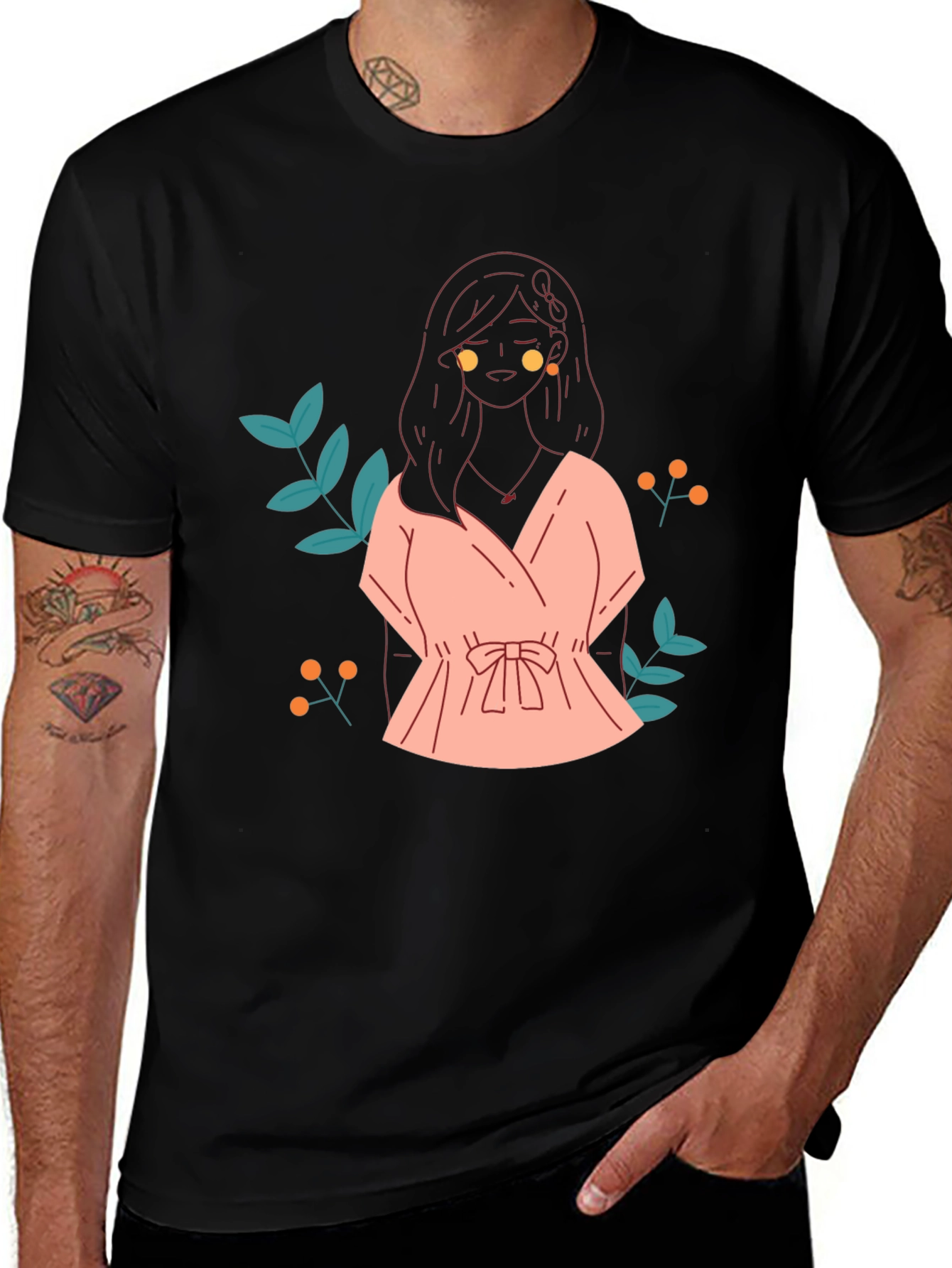Variant 12 of Black T-Shirt with Girl in Pink Dress Graphic Print