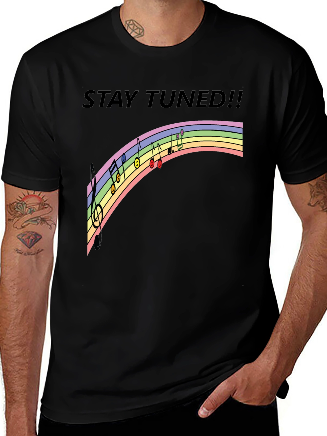 Variant 14 of Stay Tuned Rainbow Music Notes Black T-Shirt