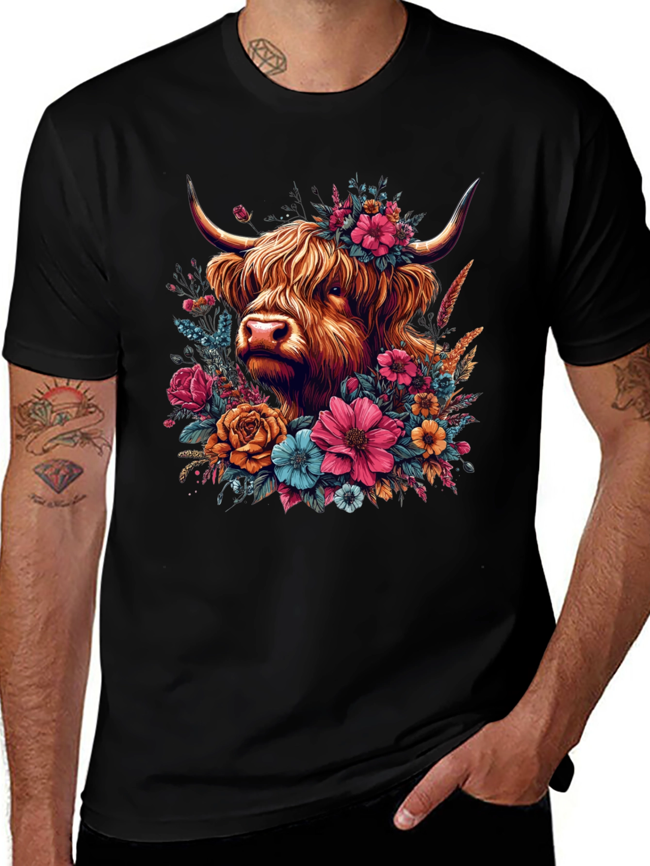 Variant 5 of Floral Highland Cow Graphic Tee - Stylish Black T-Shirt