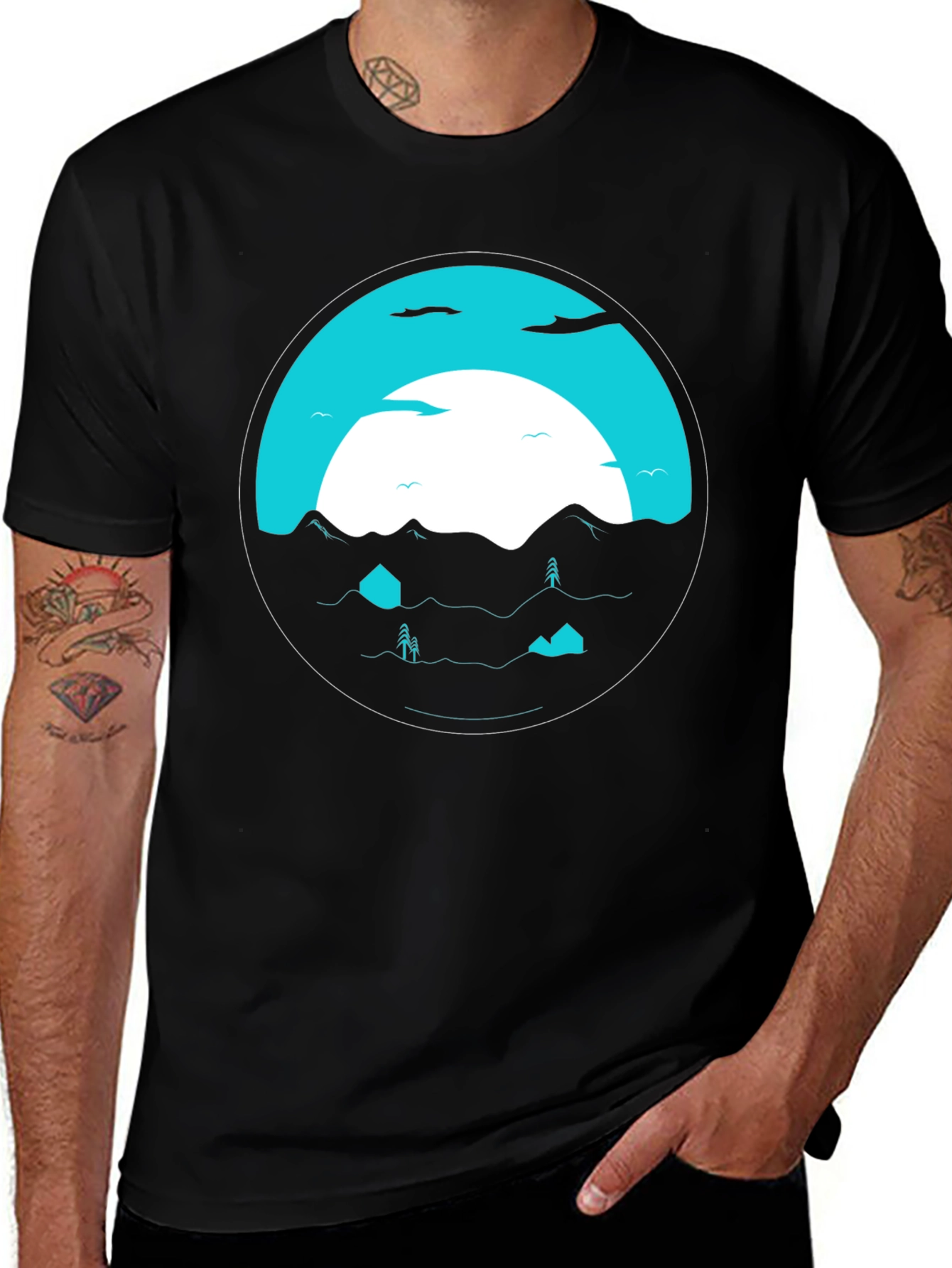 Graphic Tee: Circular Mountainscape Design