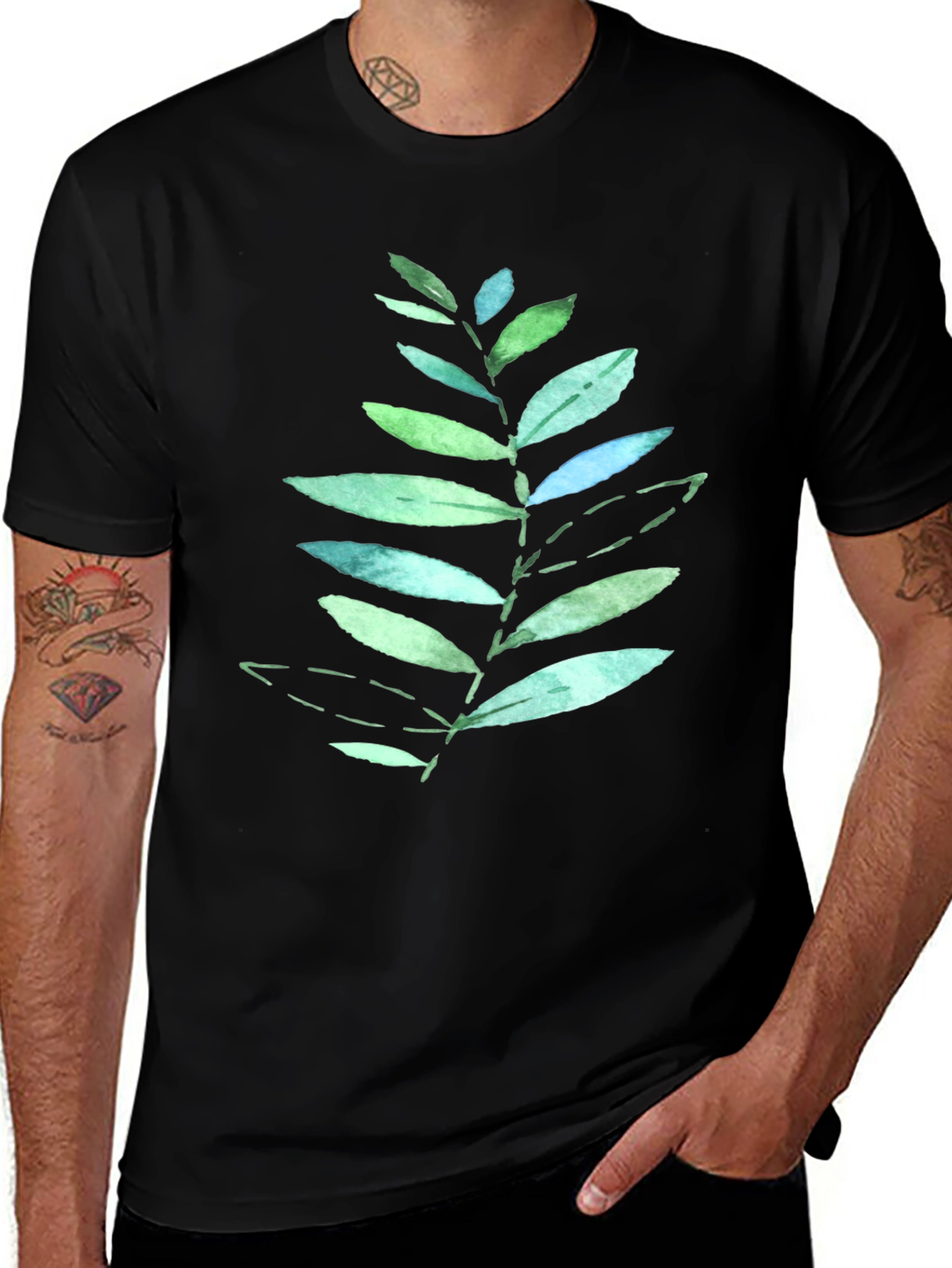Leaf Print Black T-Shirt - Nature Inspired Design