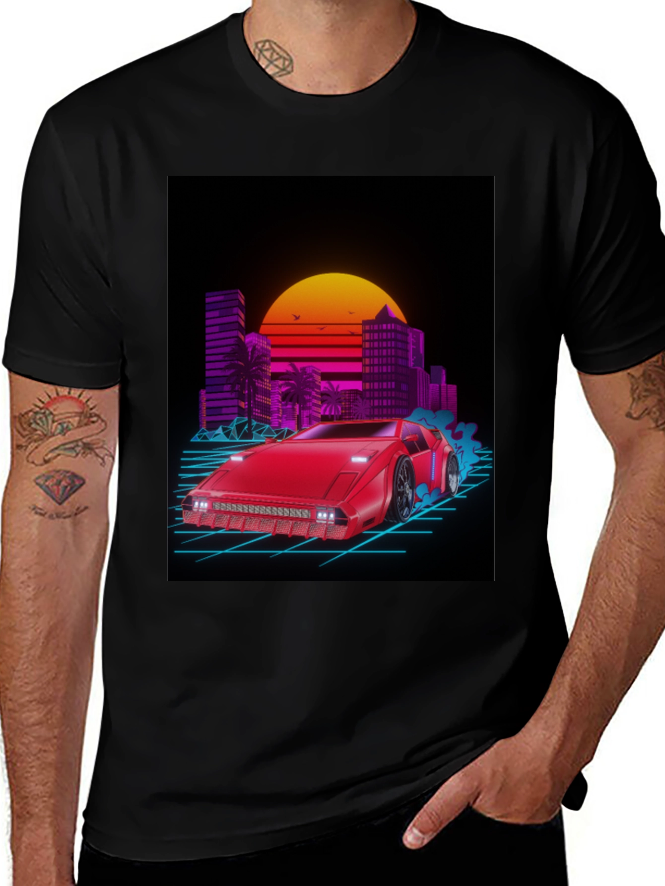Retro Wave Red Car Graphic Tee - Black