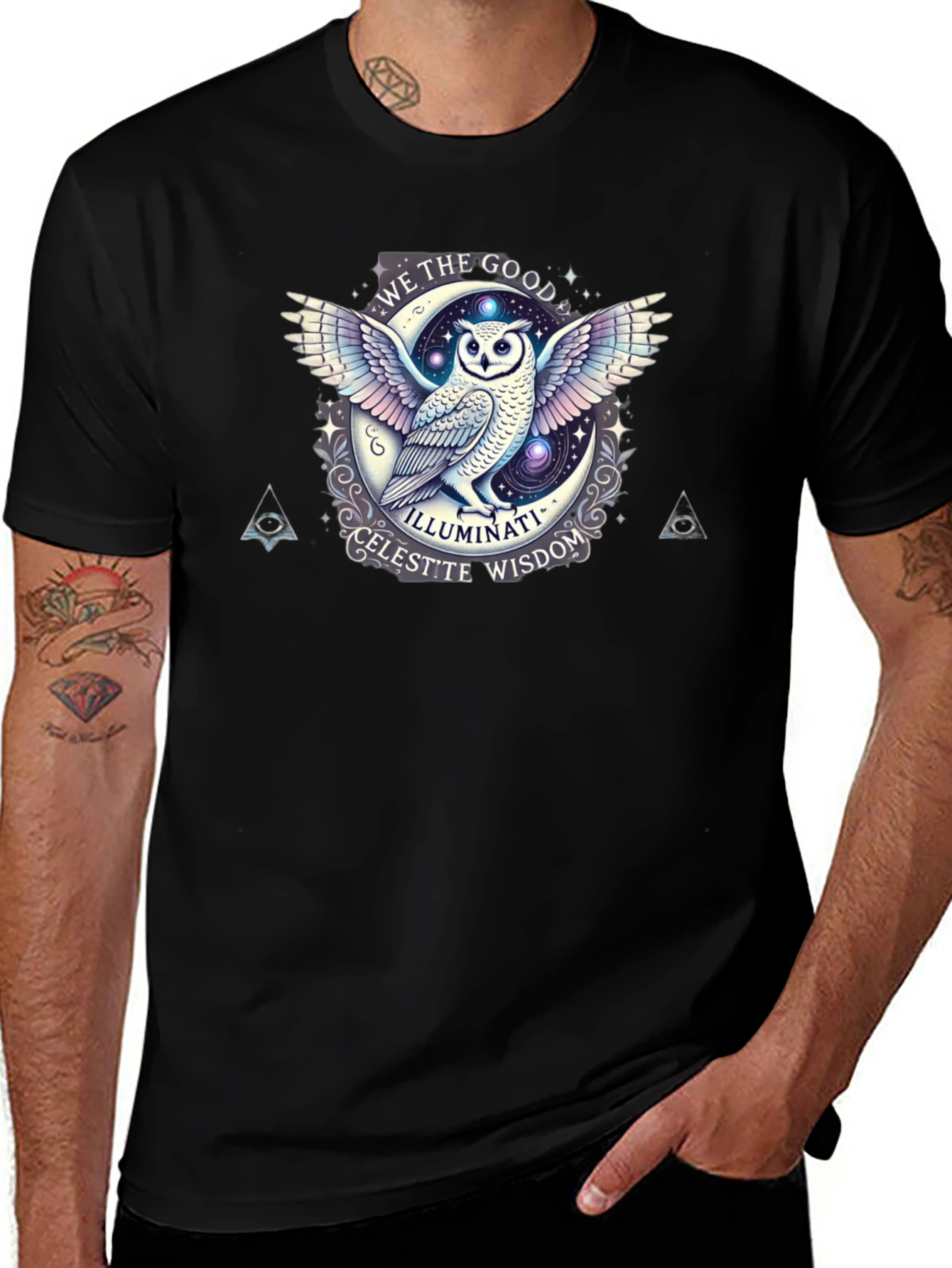 Black Illuminati Owl Graphic Tee - Celest'te Wisdom T-Shirt main image