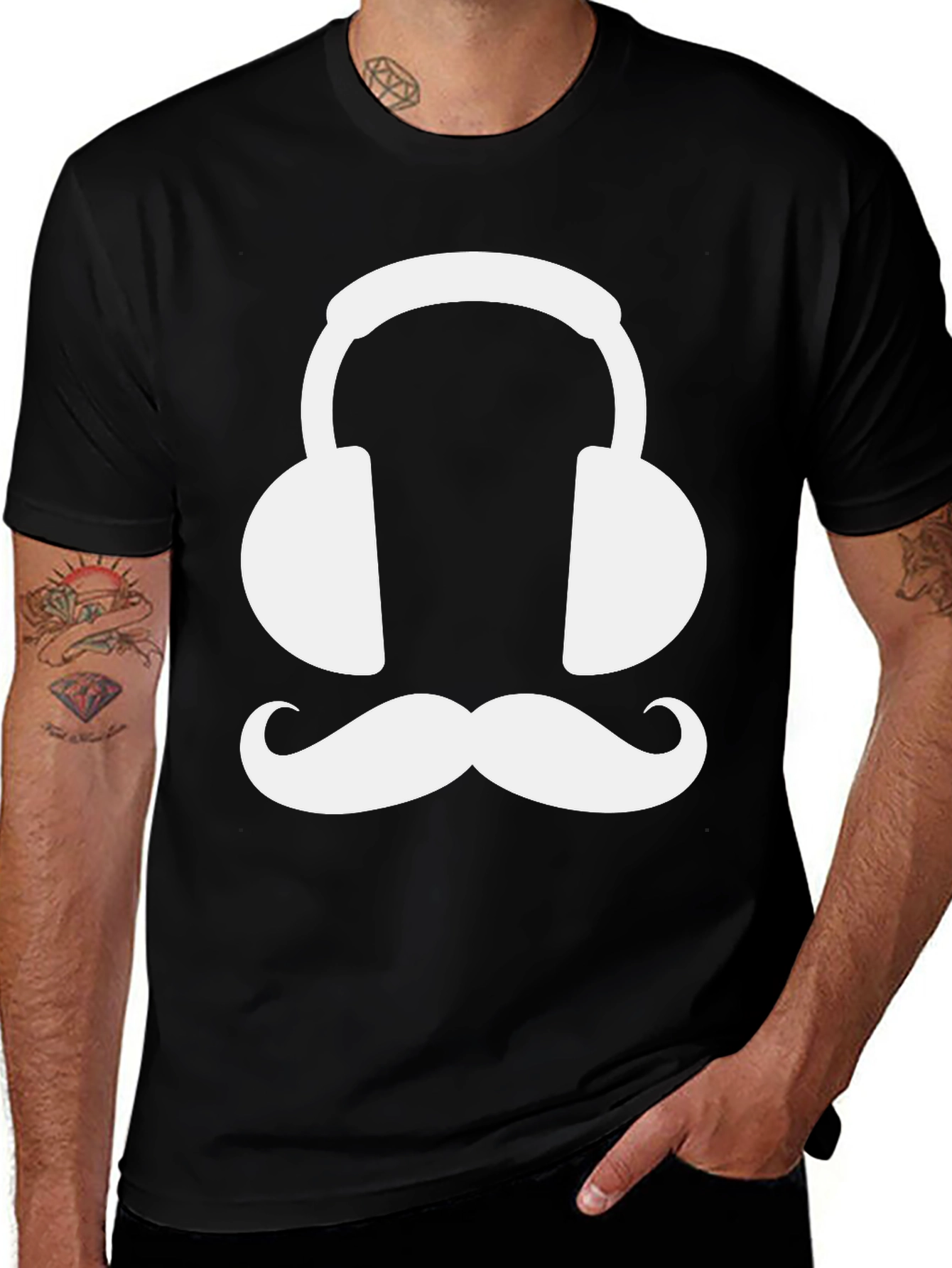 Variant 11 of Funny Headphone & Mustache Graphic Tee - Black