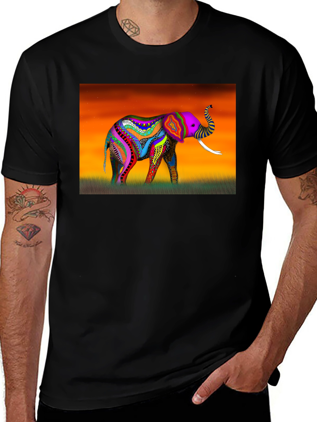 Variant 4 of Colorful Elephant Graphic Black T-Shirt