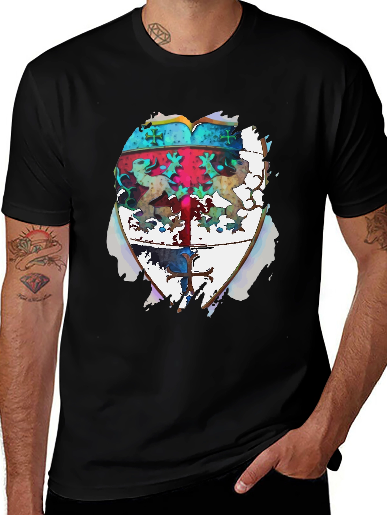 Variant 23 of Black T-Shirt with Colorful Heraldic Shield Design