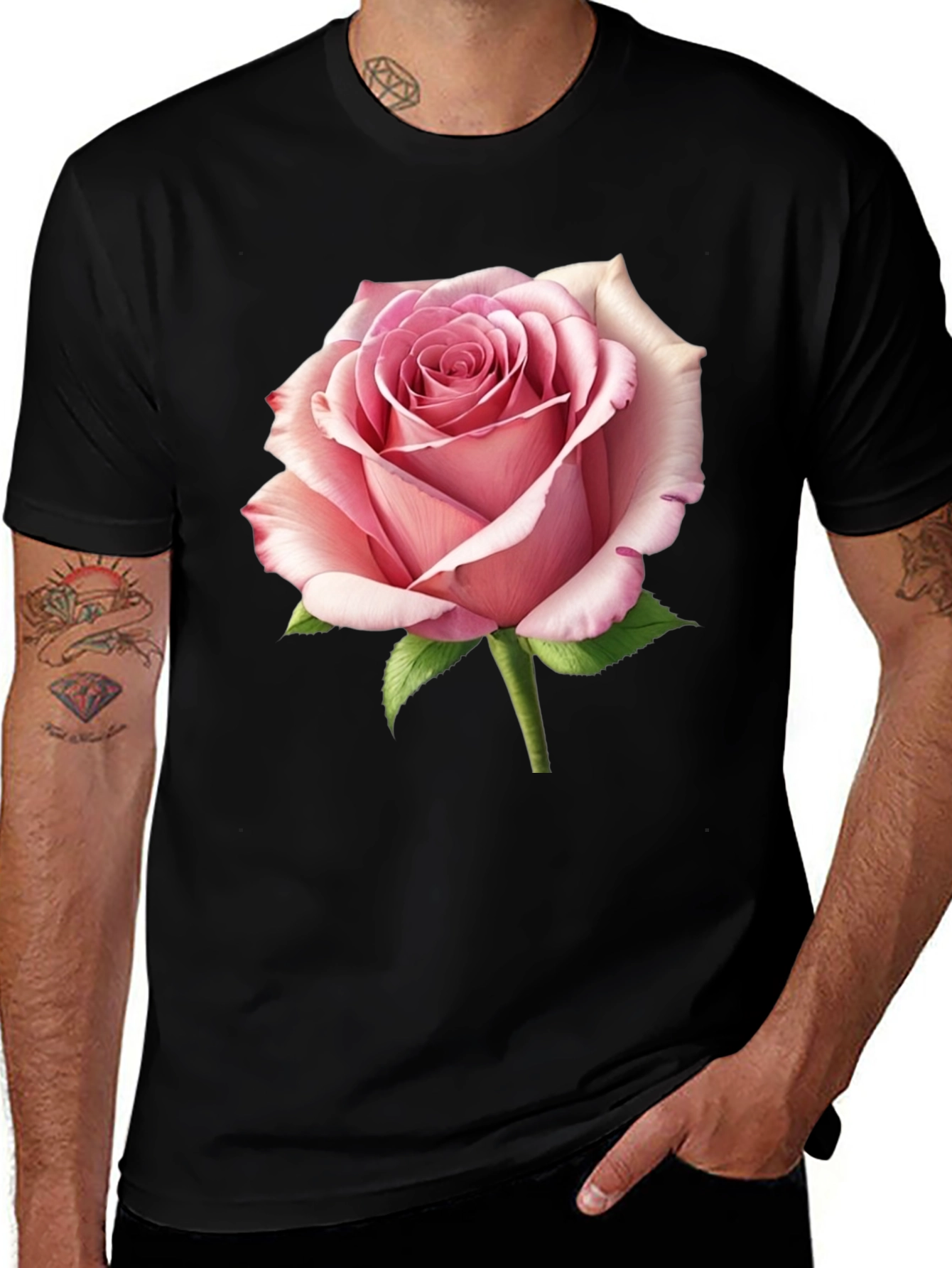 Variant 3 of Pink Rose Graphic Print Black T-Shirt