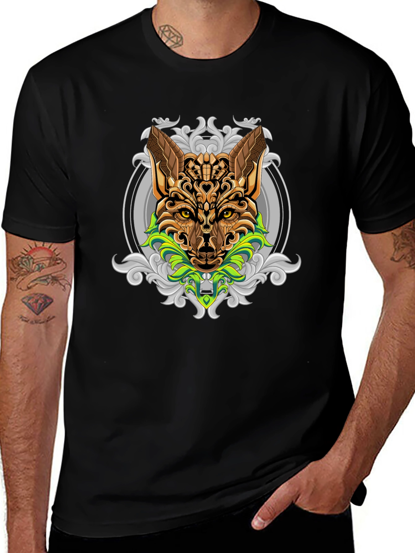 Variant 8 of Ornate Fox Graphic Print Black T-Shirt