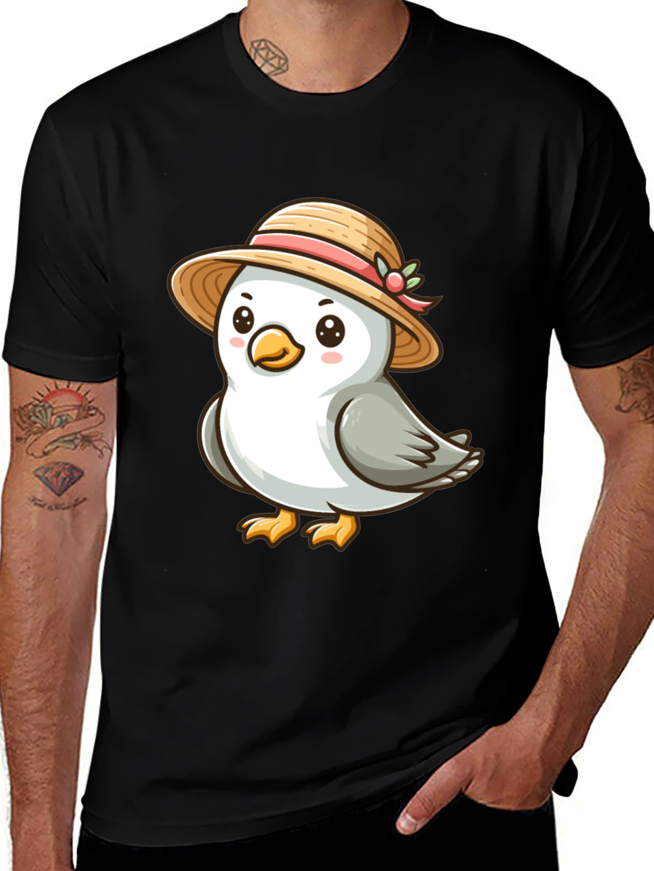 Variant 26 of Cute Bird with Hat Graphic Tee - Black T-Shirt