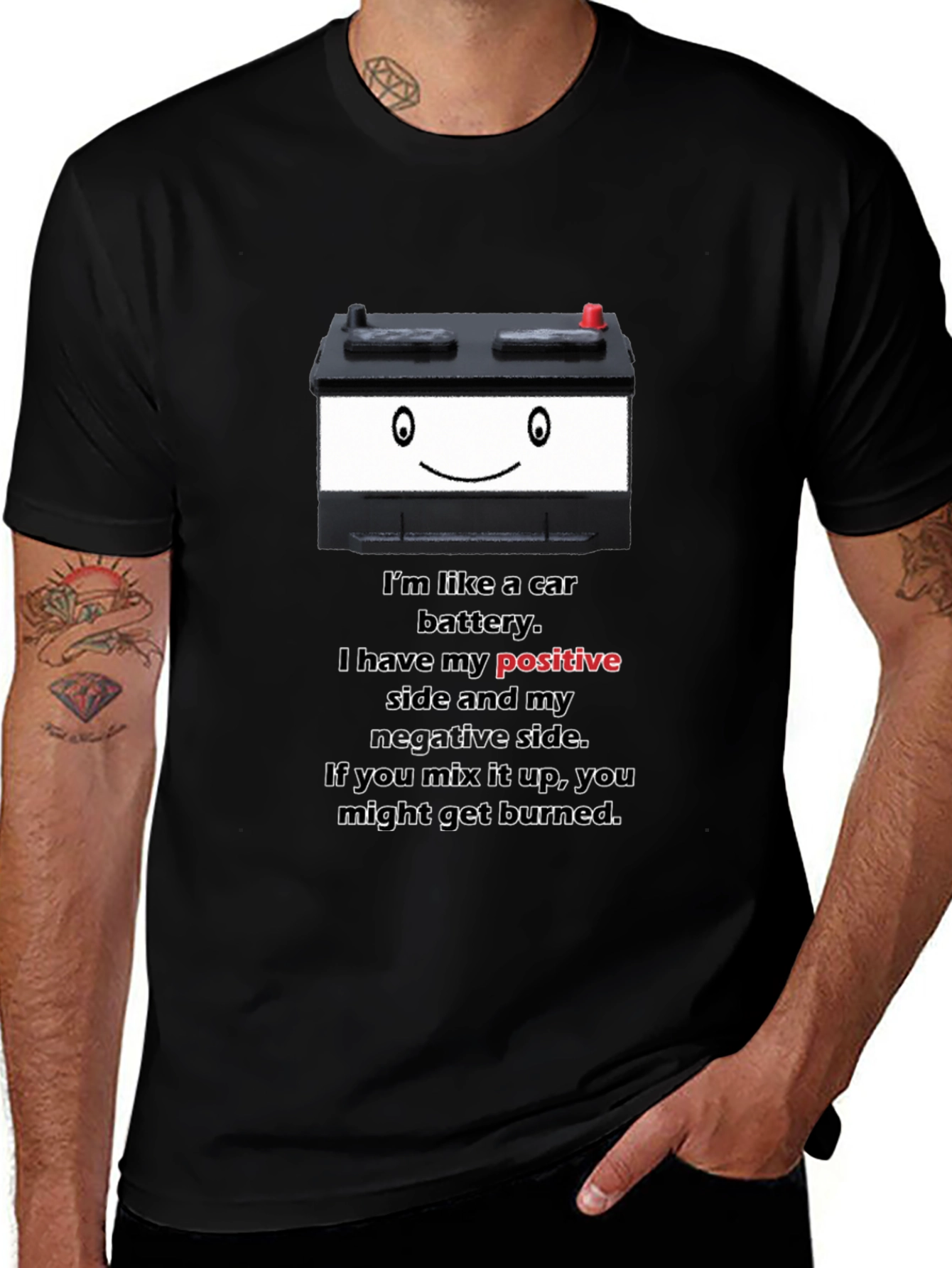 Variant 8 of Funny Car Battery Humor T-Shirt - Positive Negative Sides