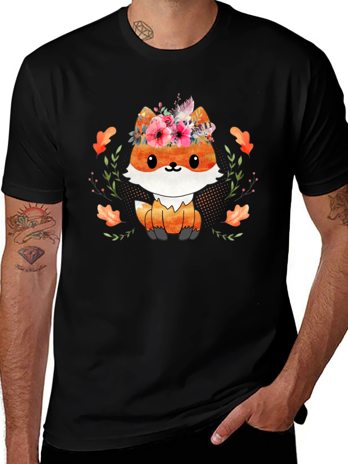 Variant 8 of Cute Fox Floral Wreath Graphic T-Shirt