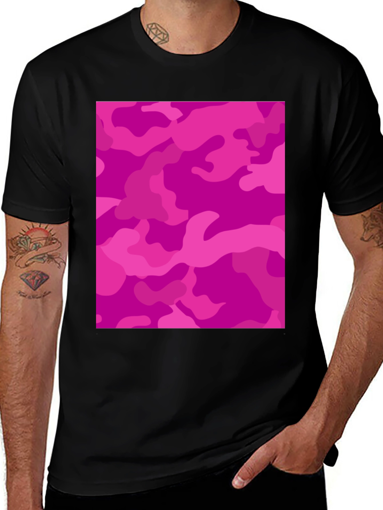 Variant 16 of Pink Camo Print Black Crew Neck T-Shirt