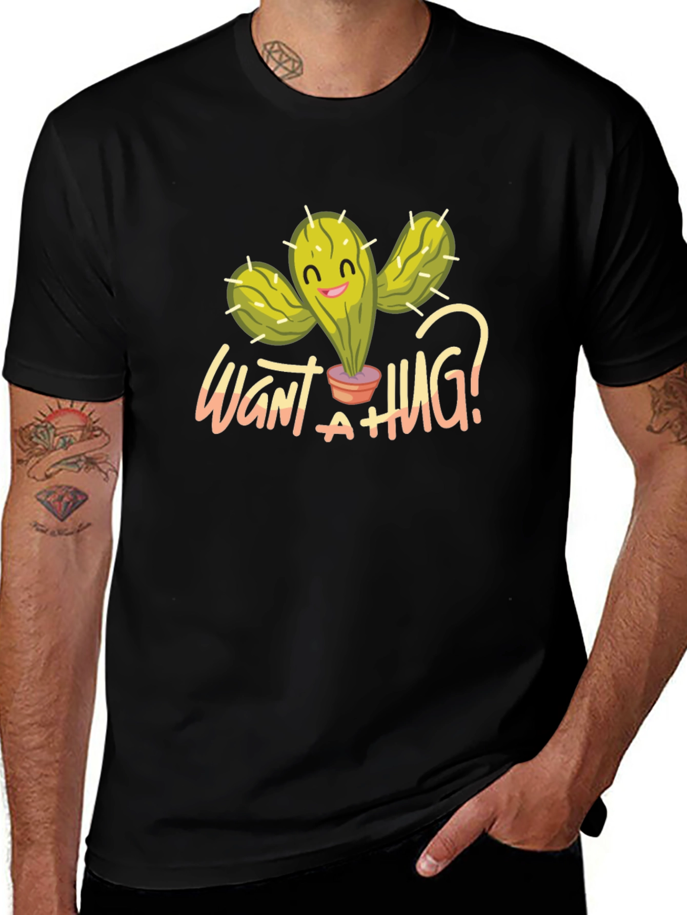Variant 30 of Want a Hug Cactus Graphic T-Shirt - Black