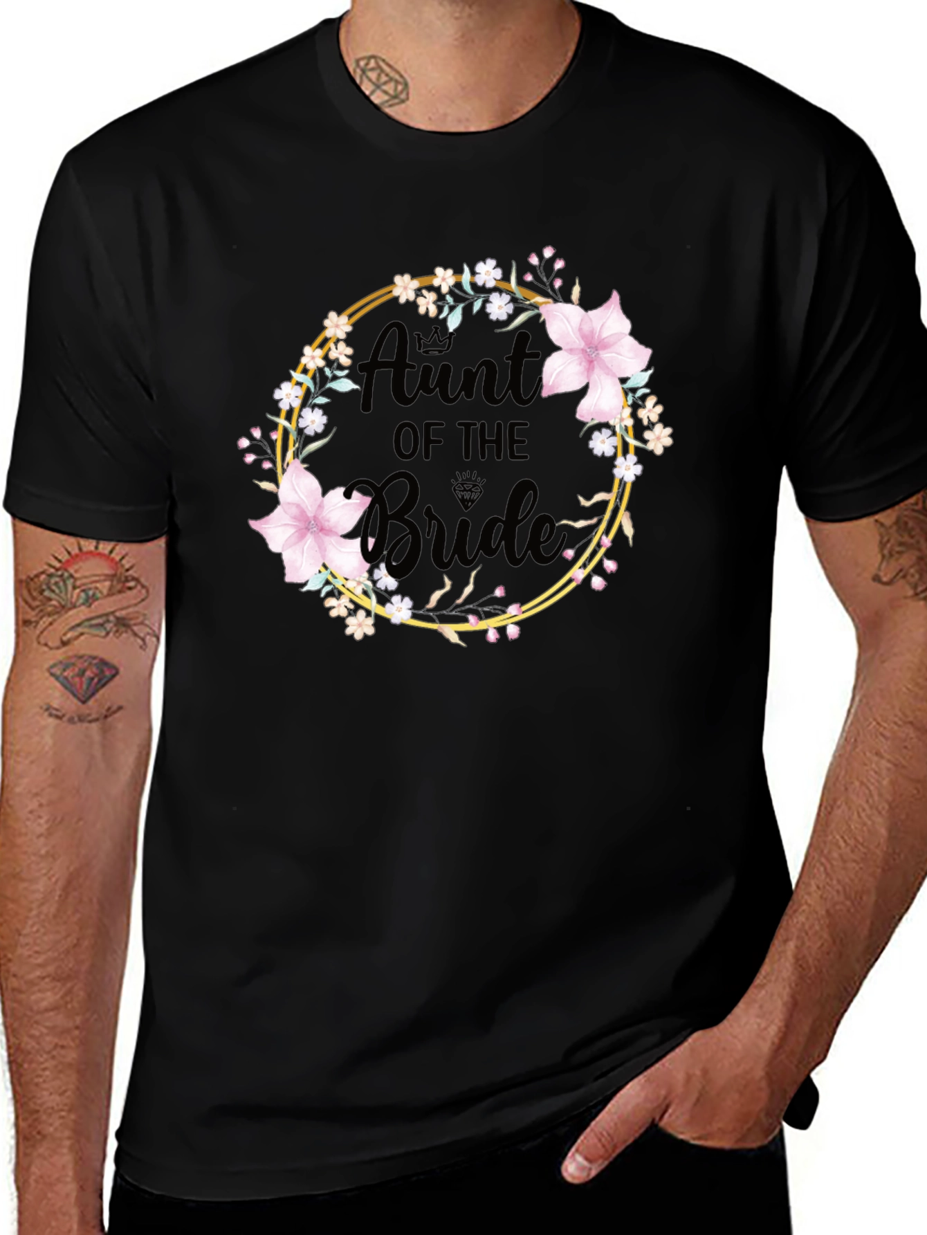 Aunt of the Bride Floral Wreath Black T-Shirt