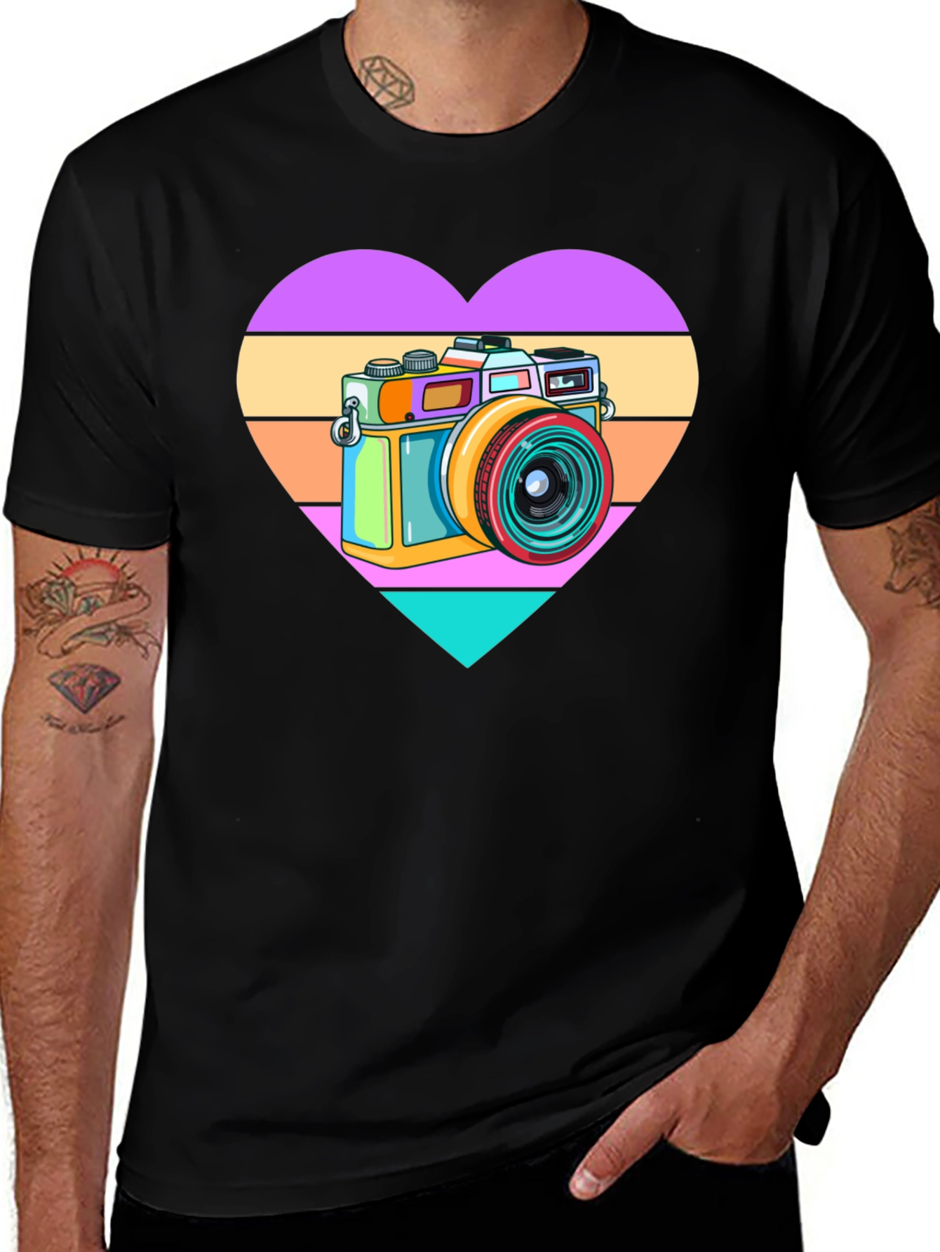 Variant 10 of Retro Camera Heart Graphic Tee - Black Cotton T-Shirt